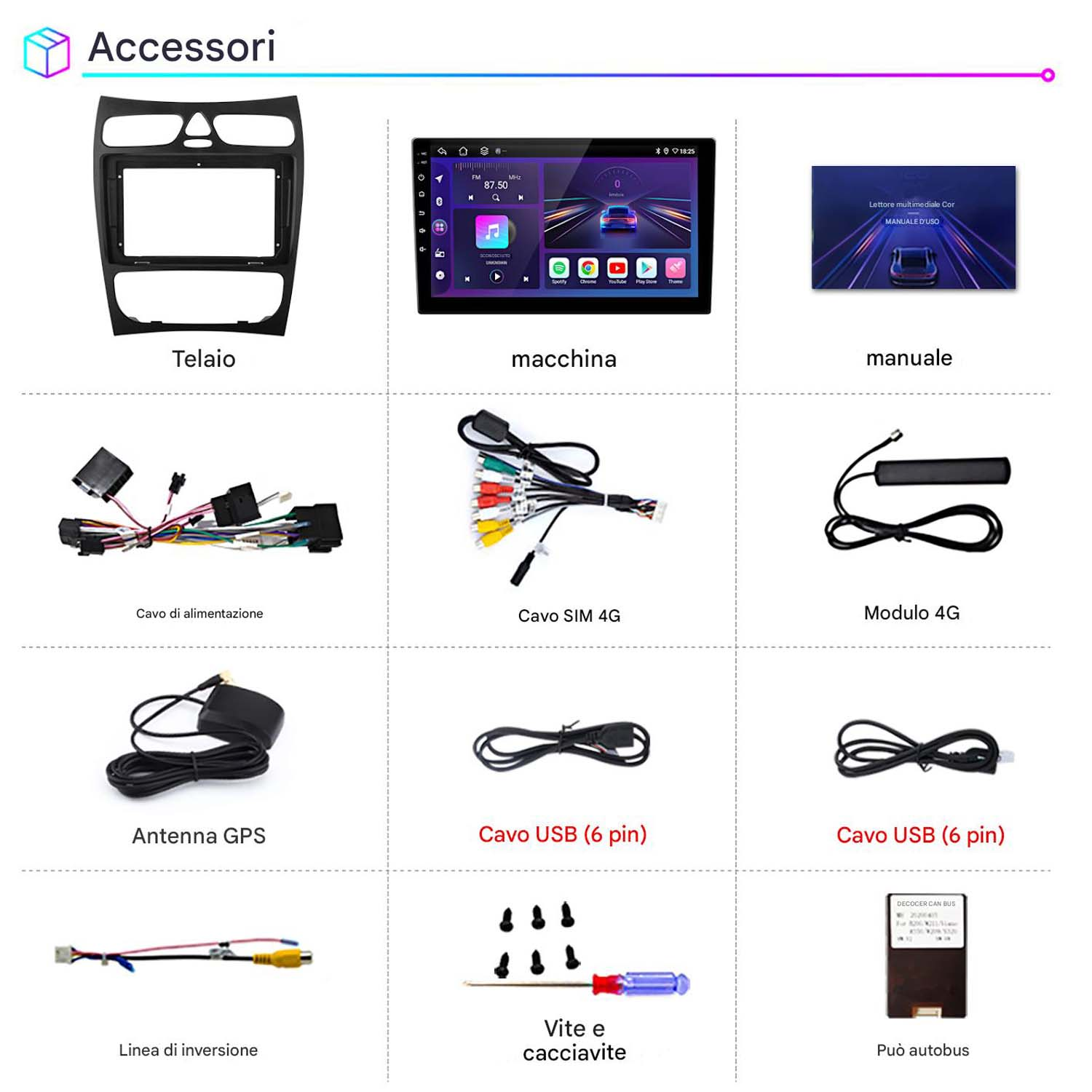 Accessori per autoradio, tra cui telaio, schermo, cavi e strumenti. Vari componenti.