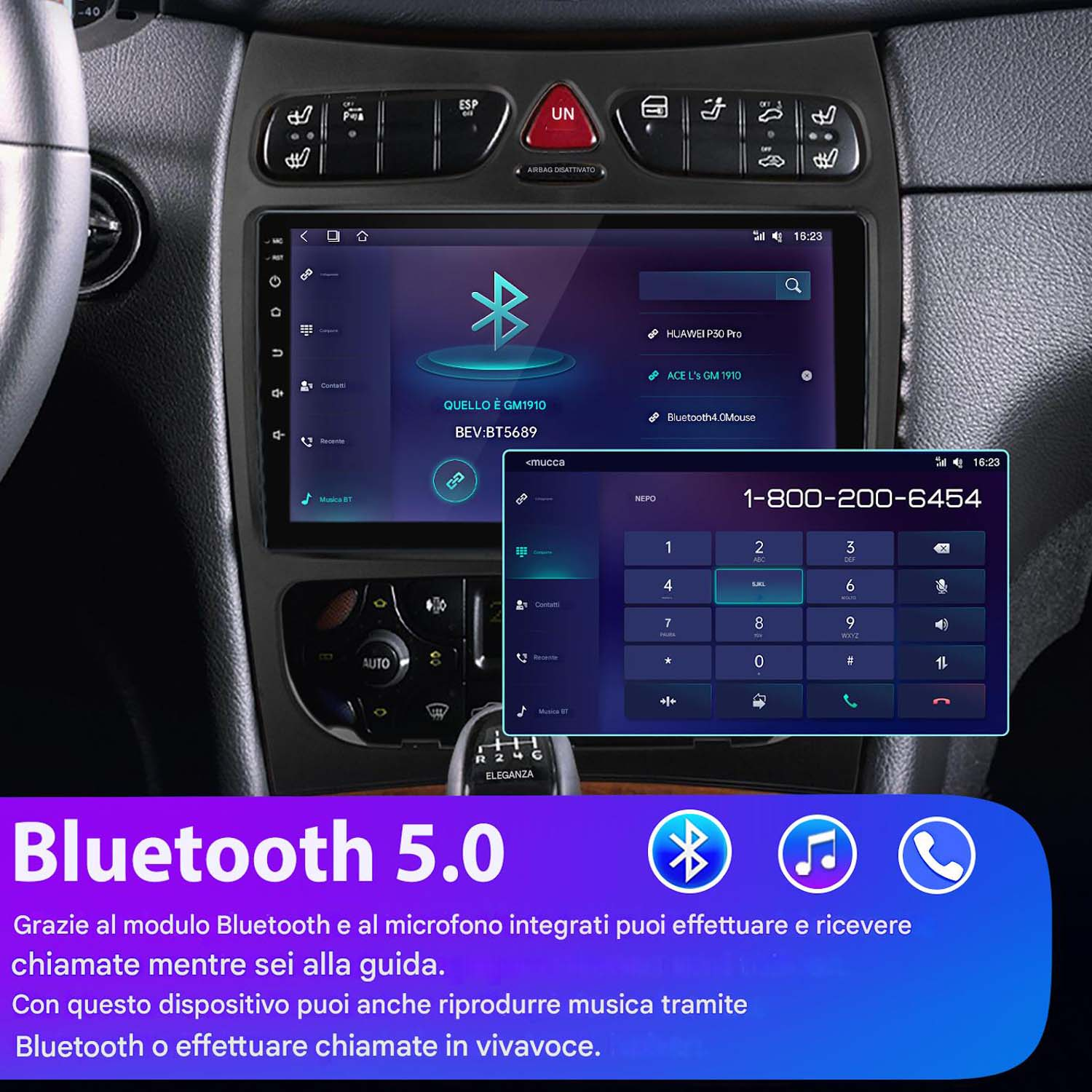 Display dell'auto con interfaccia Bluetooth 5.0. Mostra un dialer telefonico e altre funzioni, con un interno auto.