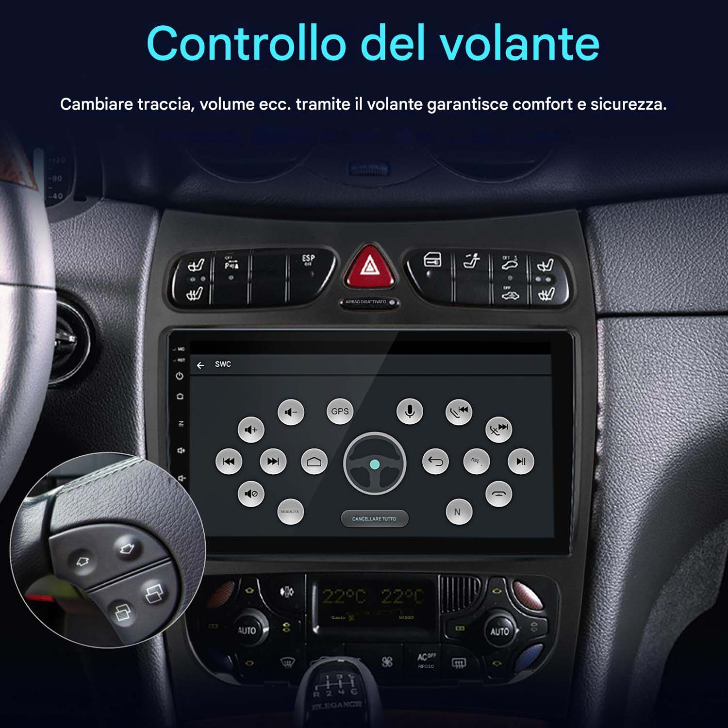 Schermo autoradio che mostra le opzioni di controllo del volante. Icona volante. Testo in italiano.