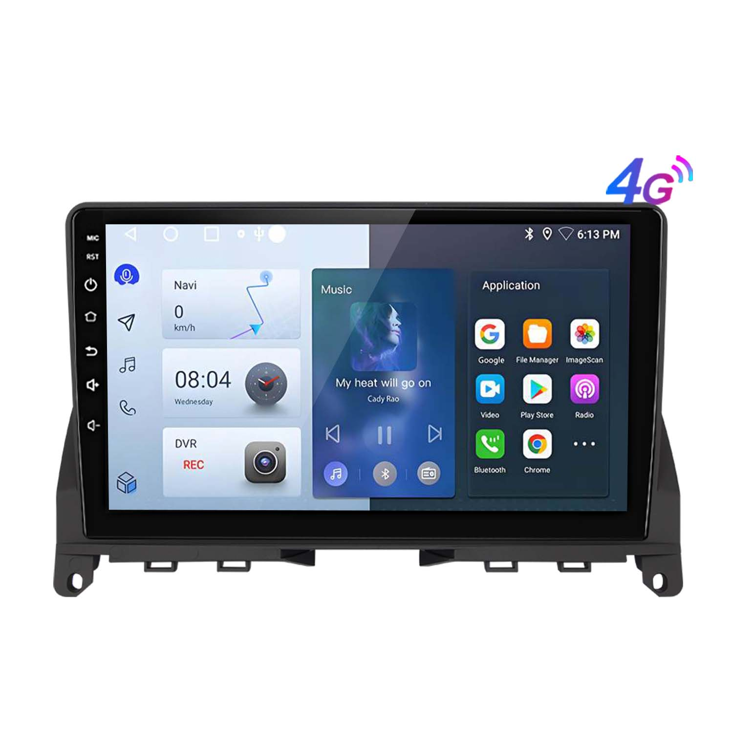 Schermo dell'autoradio. Mostra il menu principale con icone di navigazione, musica e applicazioni. 4G visibile.