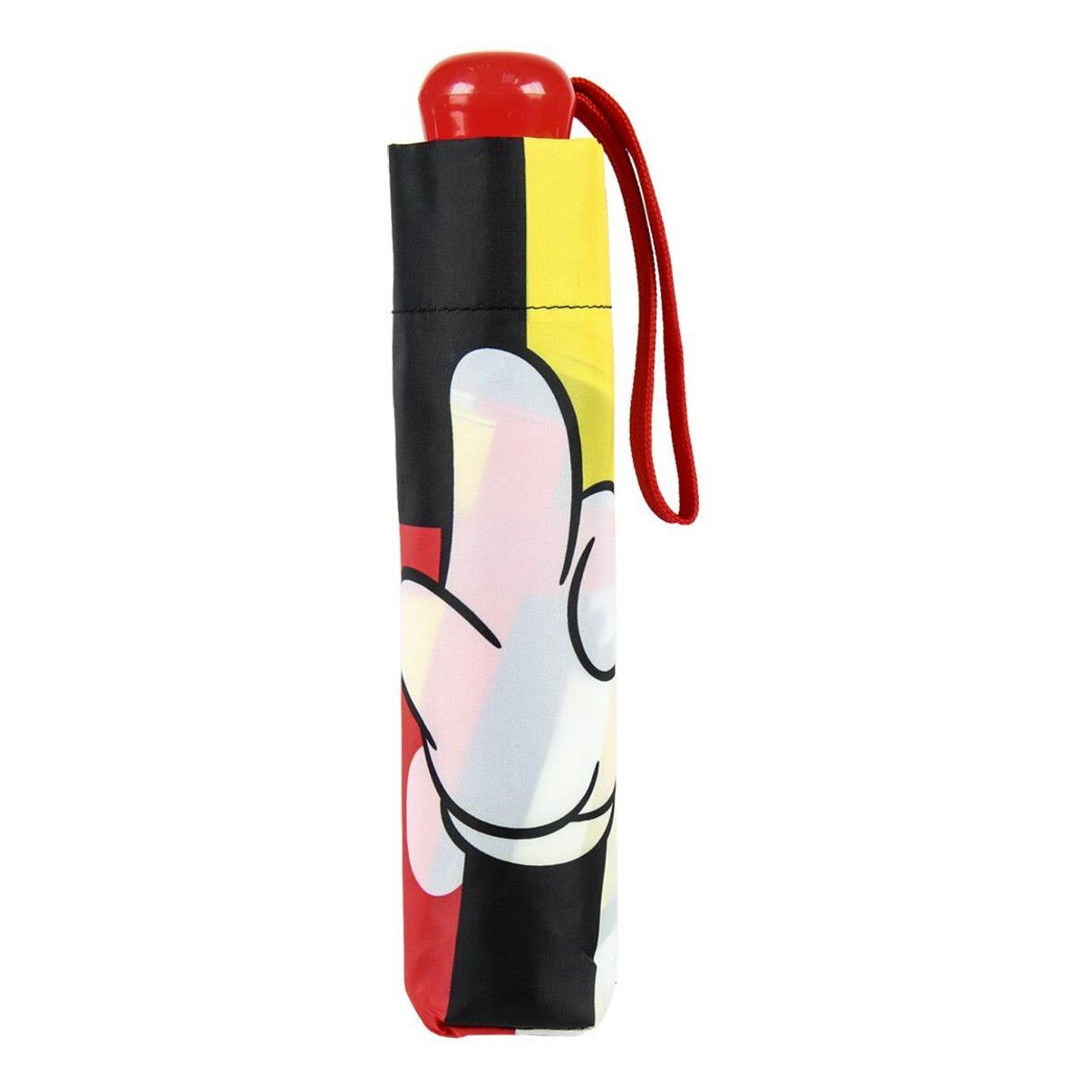 Un paraguas de Mickey Mouse cerrado. El paraguas es rojo, negro, amarillo y blanco, con el guante de Mickey.