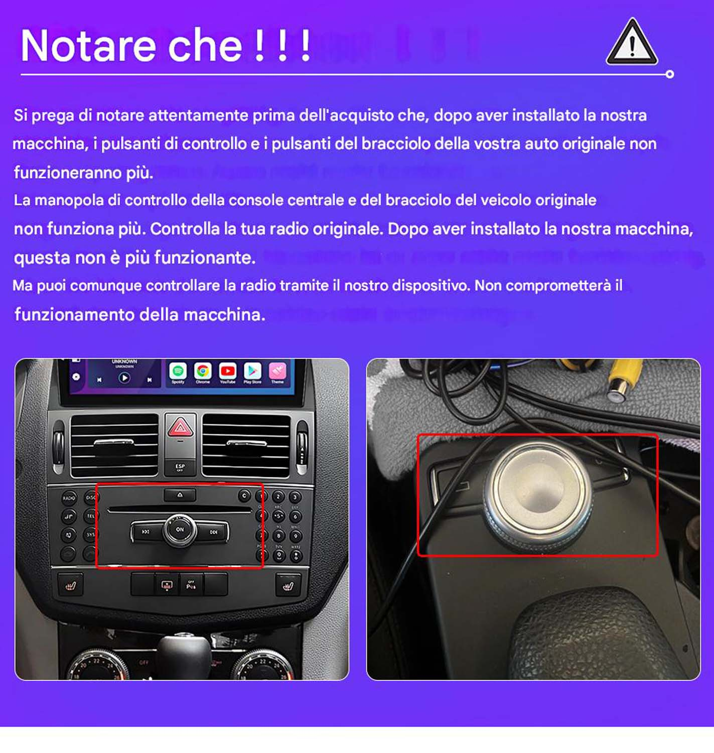 Cruscotto auto con radio. L'immagine evidenzia i dettagli del controllo radio e avverte della potenziale perdita di funzioni.