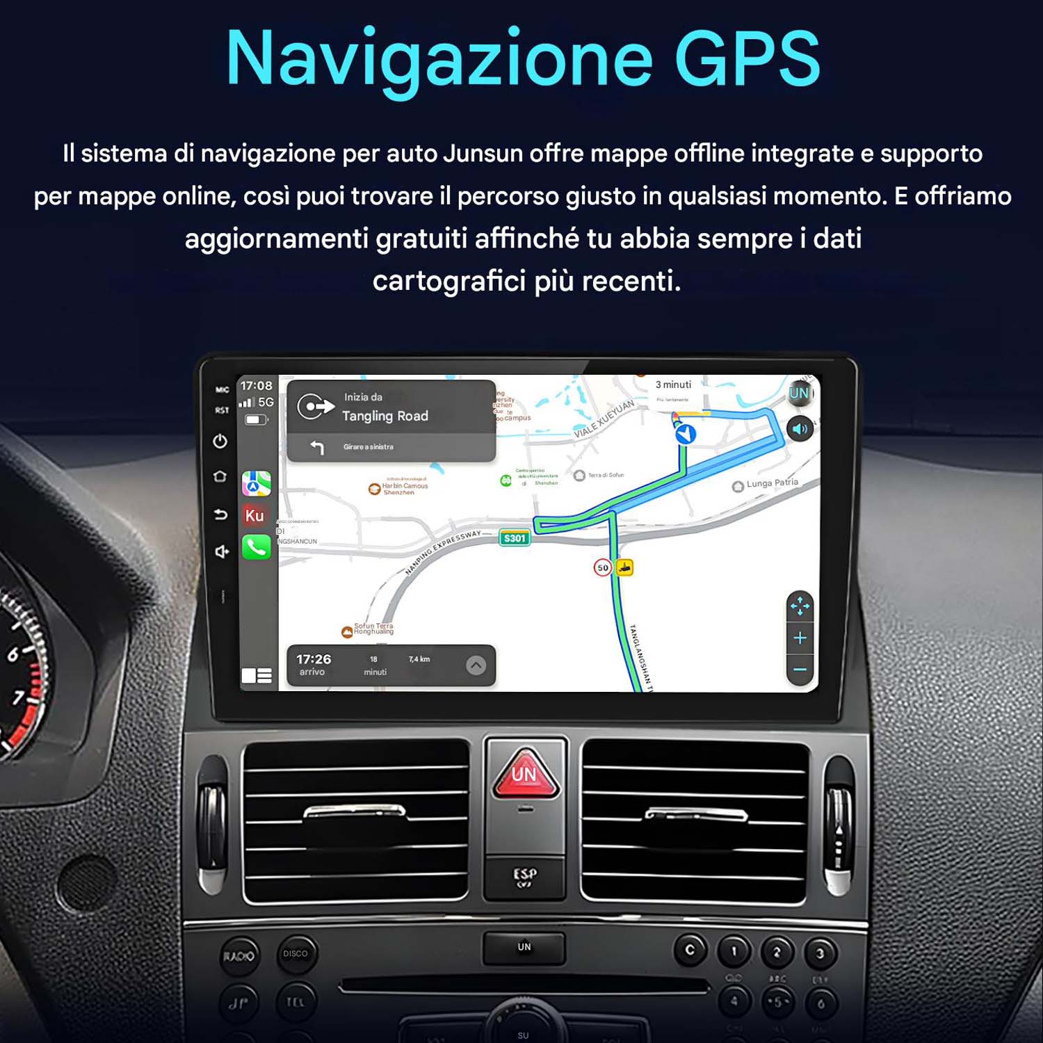 Cruscotto auto con navigazione GPS sullo schermo. La mappa mostra un percorso su strada.