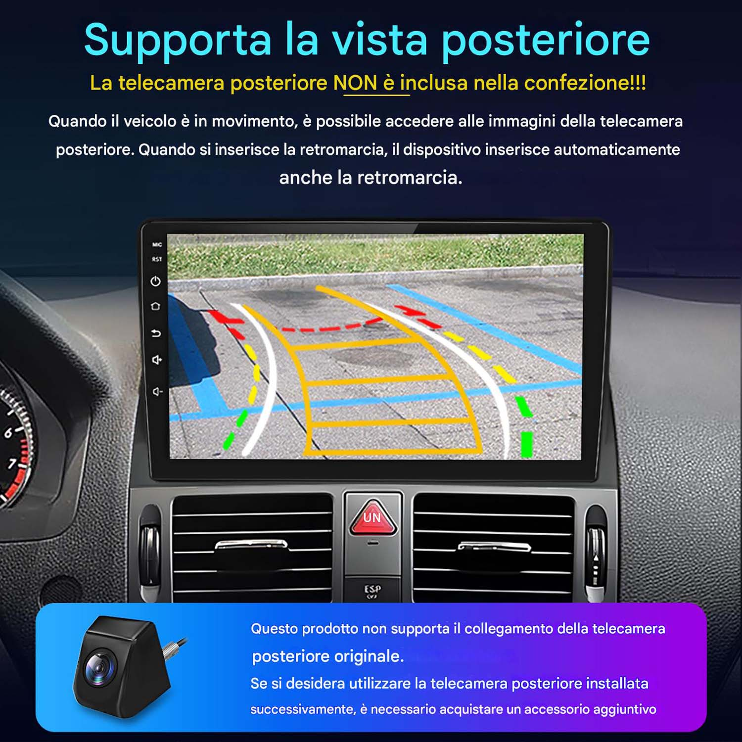 Cruscotto auto con schermo che mostra la vista della telecamera posteriore, con icona fotocamera.