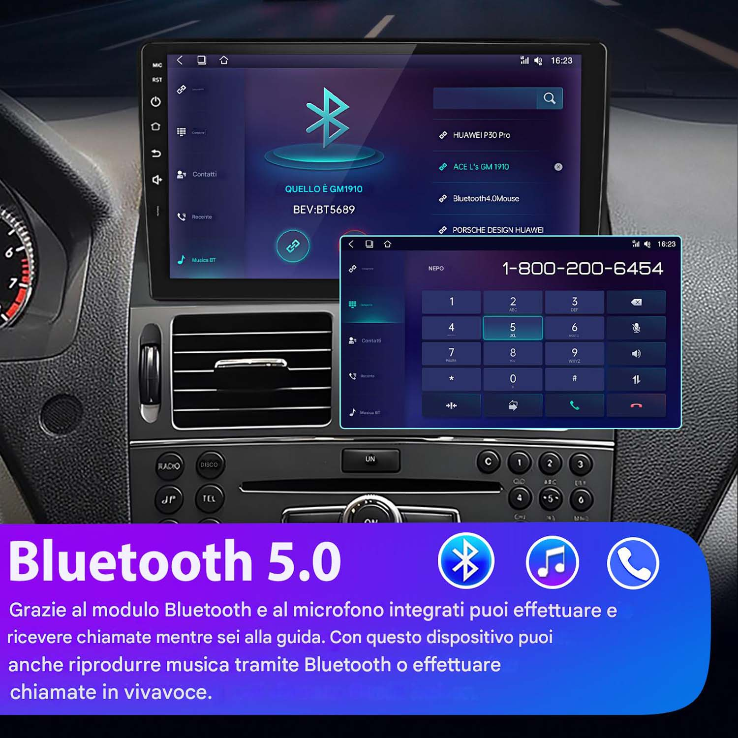 Schermo del sistema multimediale dell'auto, mostra impostazioni Bluetooth, interfaccia telefonica e controlli musica.
