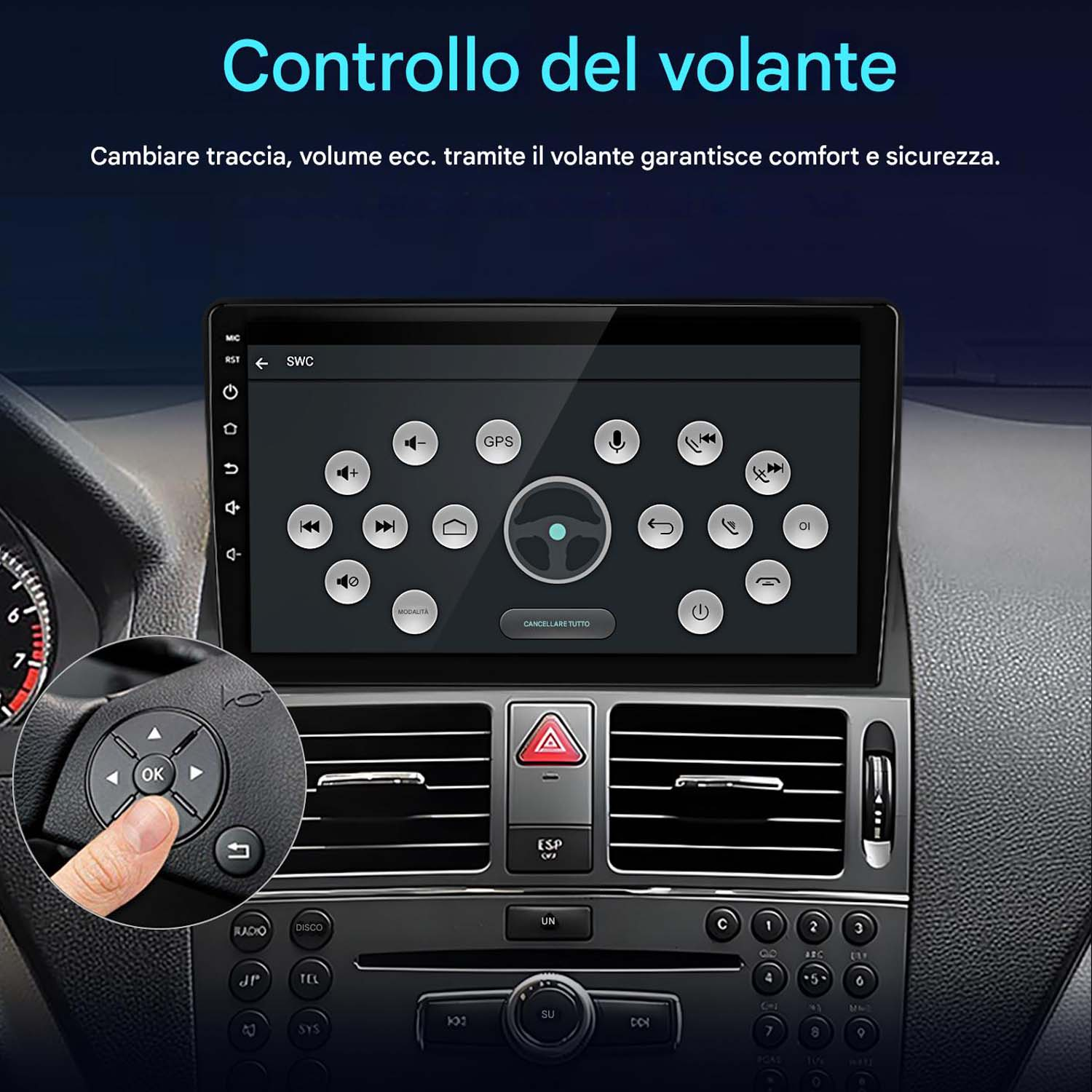 Cruscotto auto con display touchscreen che mostra le opzioni di controllo, con comandi al volante.