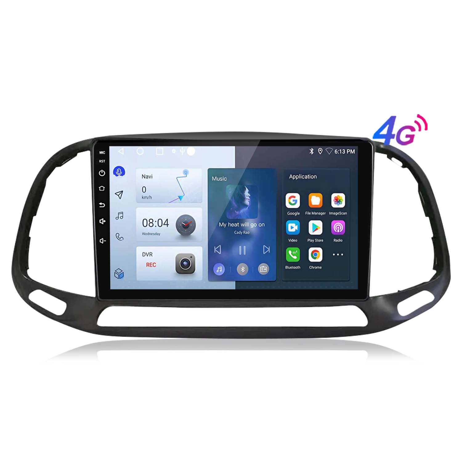 Cruscotto auto con touchscreen, che mostra un'app di navigazione e controlli multimediali.