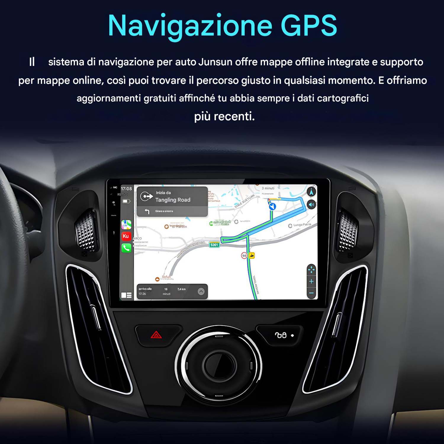 Schermo autoradio mostra navigazione GPS con mappa e indicazioni.