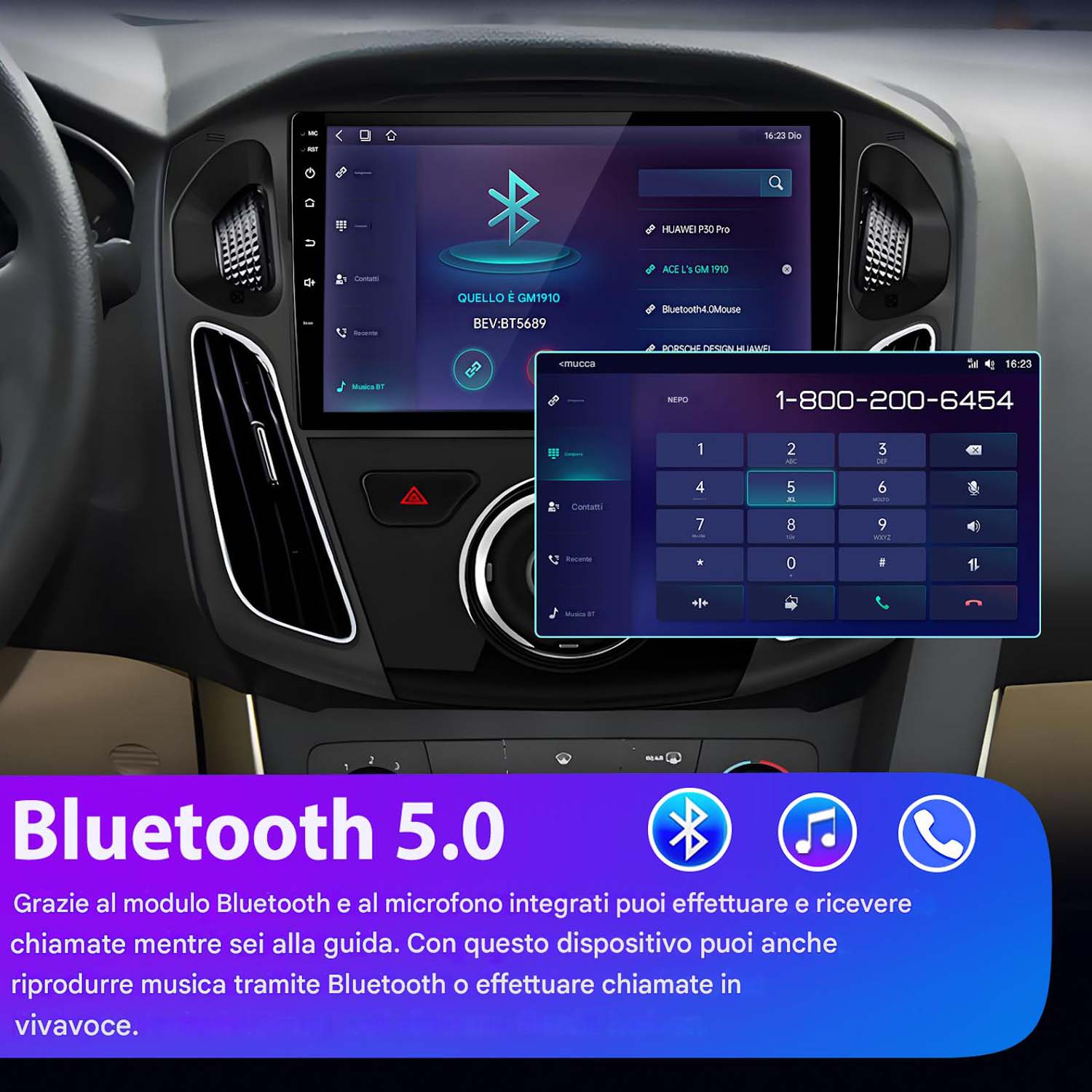 Schermo autoradio con impostazioni Bluetooth. Tastierino numerico e numero di telefono. Testo in italiano.