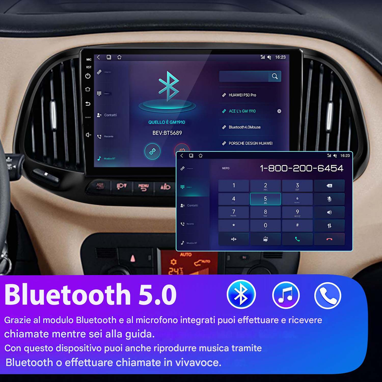 Cruscotto auto con schermo digitale che mostra impostazioni Bluetooth e un dialer telefonico.