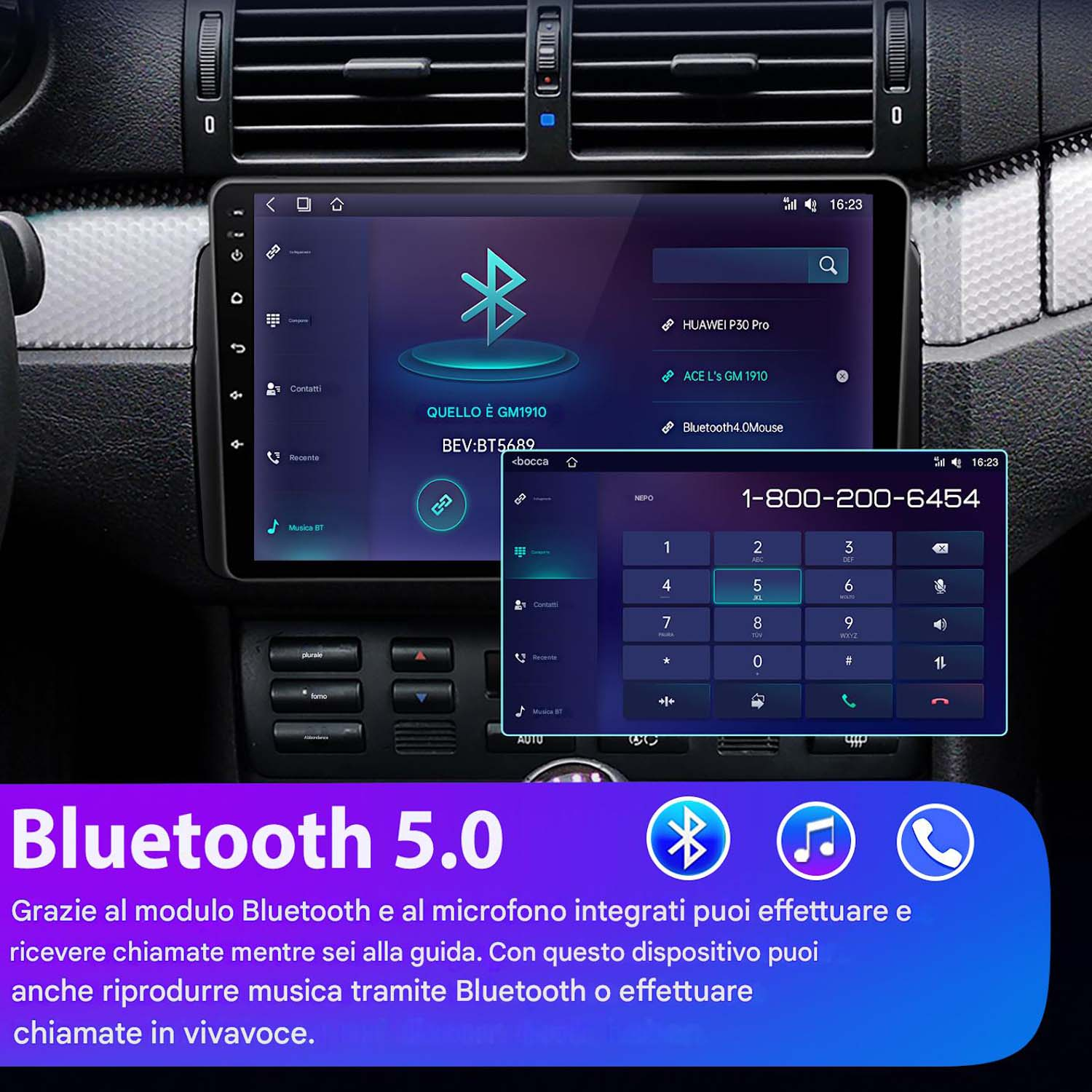 Schermo autoradio con Bluetooth e un'interfaccia tastierino telefonico.