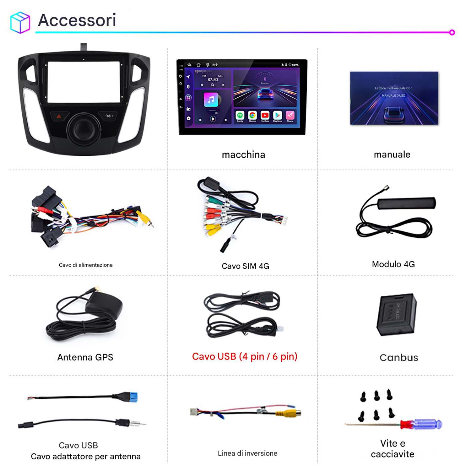 Nove accessori per autoradio visualizzati, tra cui cavi, antenne e un manuale.