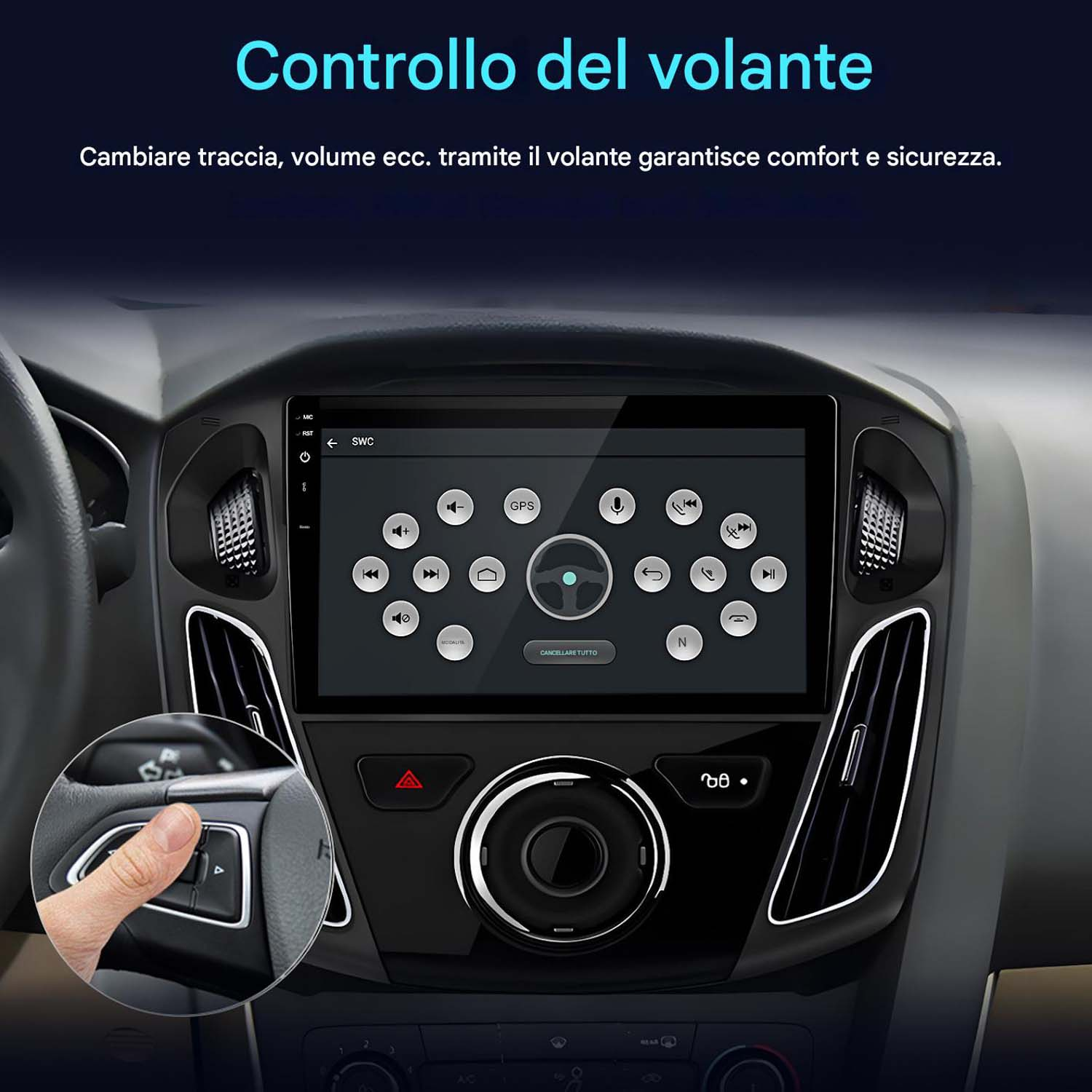 Schermo stereo auto che mostra le opzioni di controllo del volante. Una mano indica i pulsanti.
