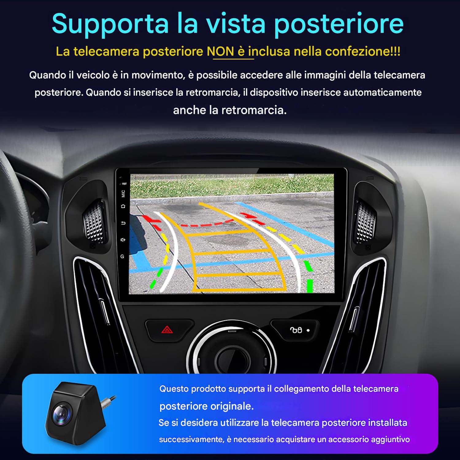 Interni auto con display che mostra la vista della telecamera posteriore. Testo sulla funzione della telecamera.