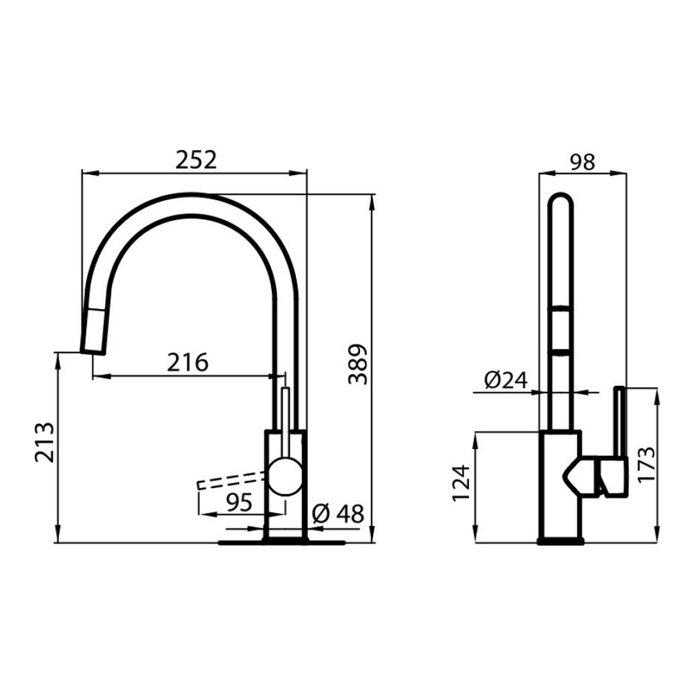 Disegno dettagliato di un rubinetto cromato con misure e dimensioni in linee nere.