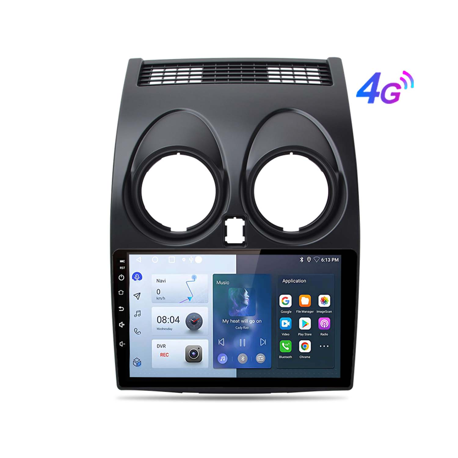 Schermo dell'autoradio. Mostra il menu principale con icone di navigazione, musica e applicazioni. 4G visibile.