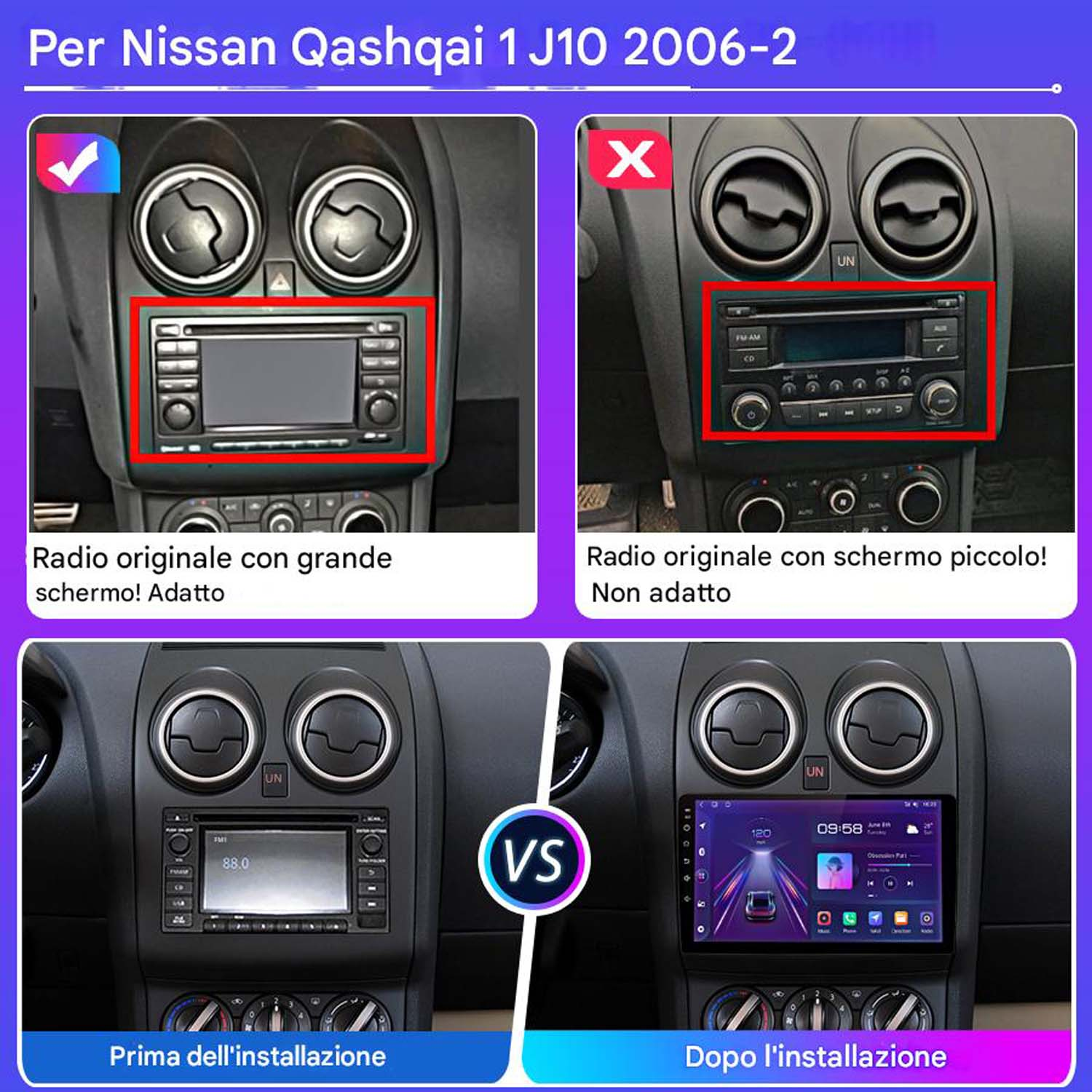 Due immagini del cruscotto di un'auto. Una con una vecchia radio, l'altra con uno schermo digitale.