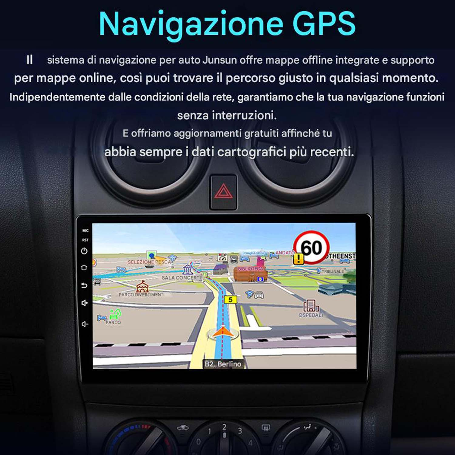 Schermo di navigazione dell'autoradio che mostra una mappa con un percorso e un segnale di limite di velocità.