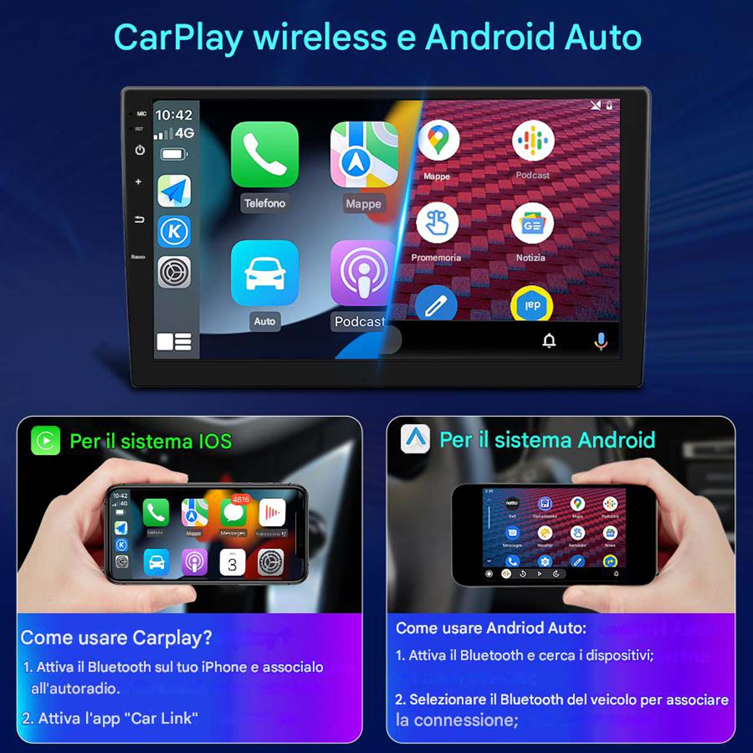 CarPlay e Android Auto sullo schermo del sistema multimediale dell'auto, con icone app e display telefono.