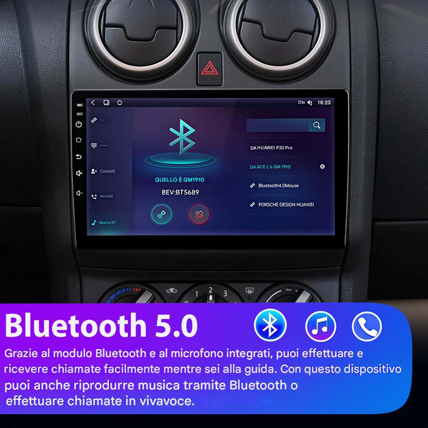 Schermo stereo auto che mostra le impostazioni Bluetooth. Lo schermo mostra i dispositivi associati e le opzioni musicali.