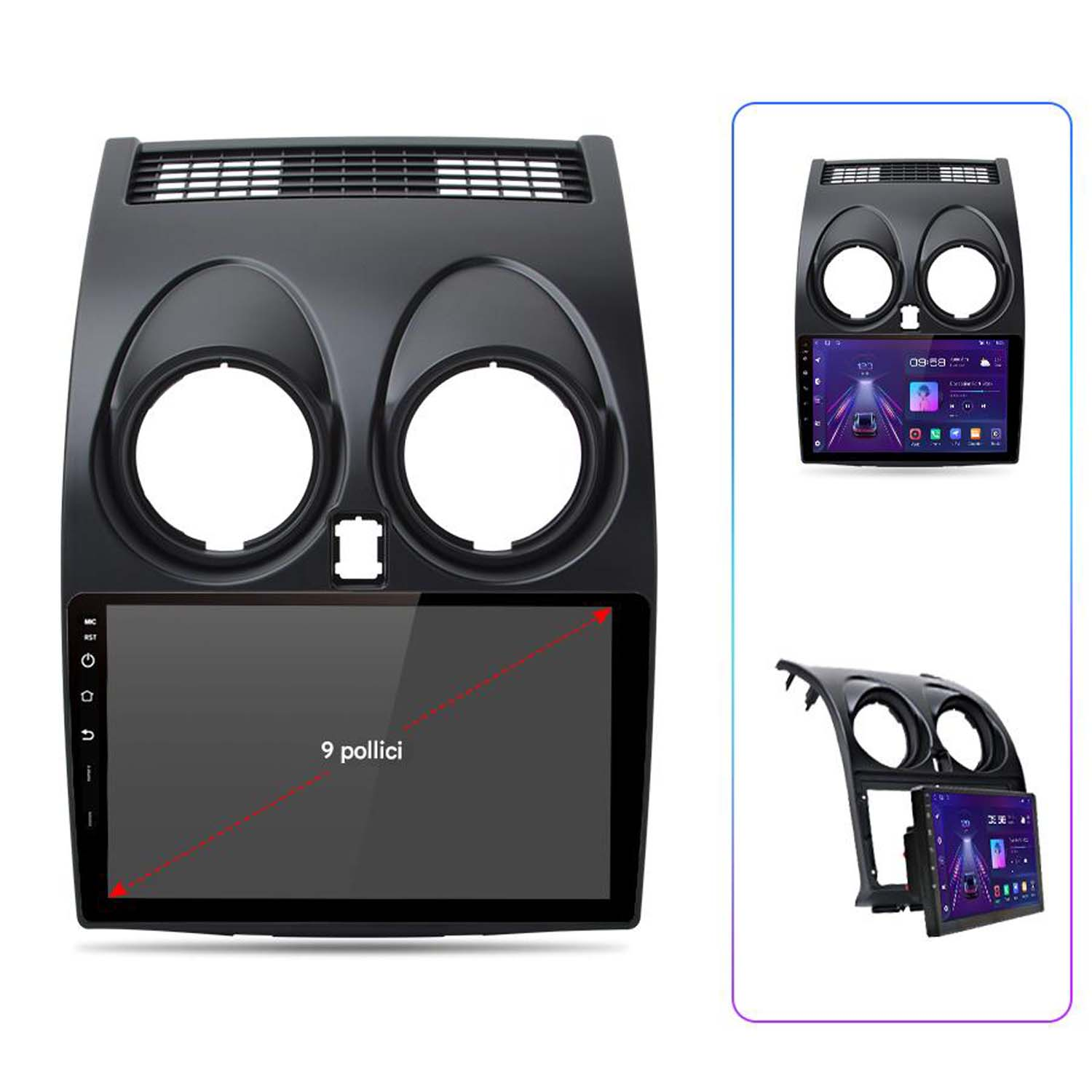 Autoradio con schermo da 9 pollici. Include una cornice nera.