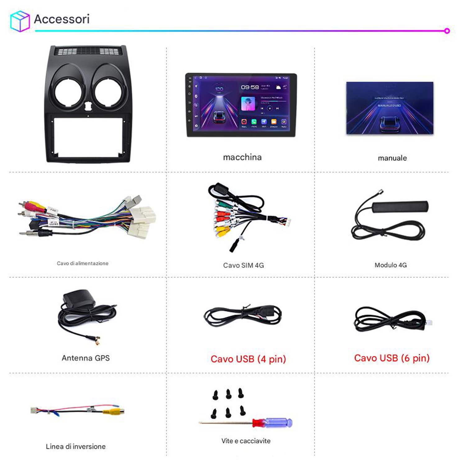 Accessori per l'installazione dell'autoradio. Include telaio, schermo, manuale, cavi, scheda SIM, viti e altro.