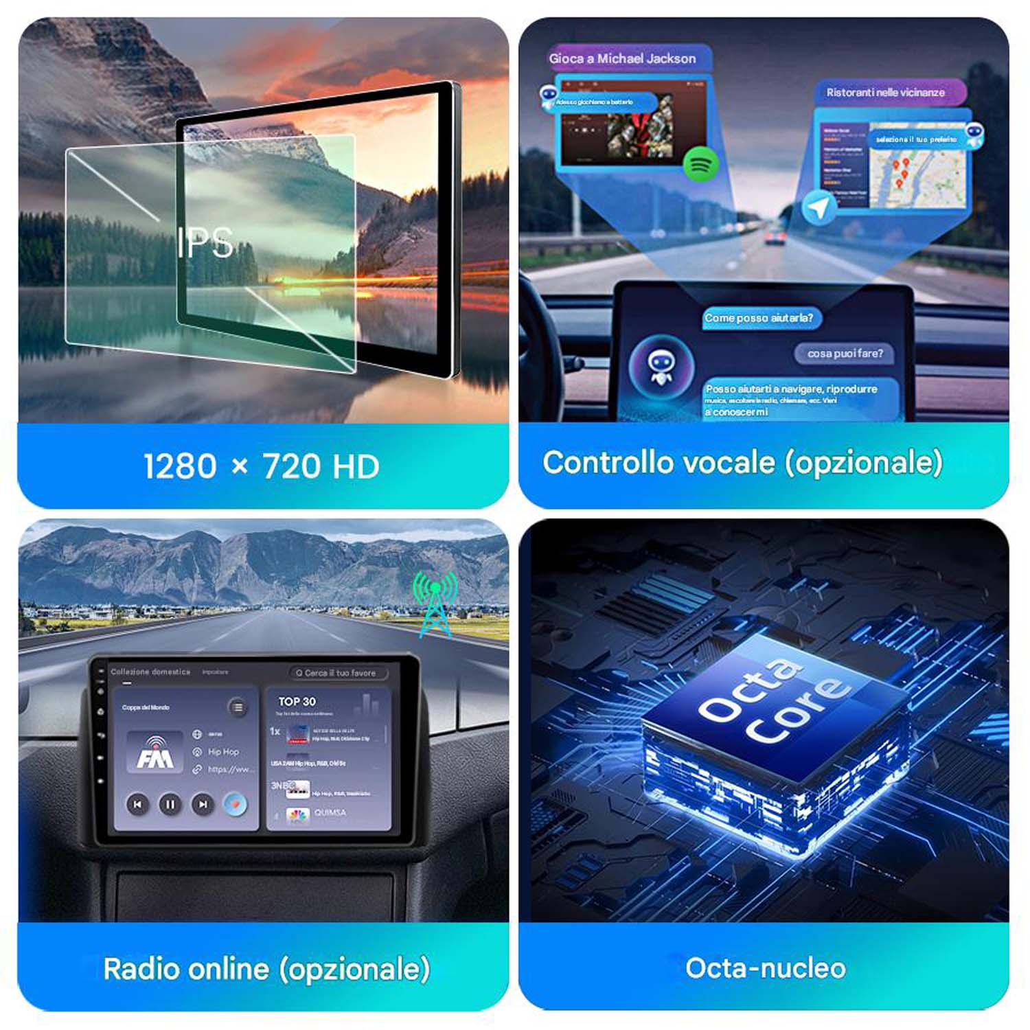 Schermo multimediale per auto, che mostra display HD, controllo vocale, radio online e processore Octa-core.