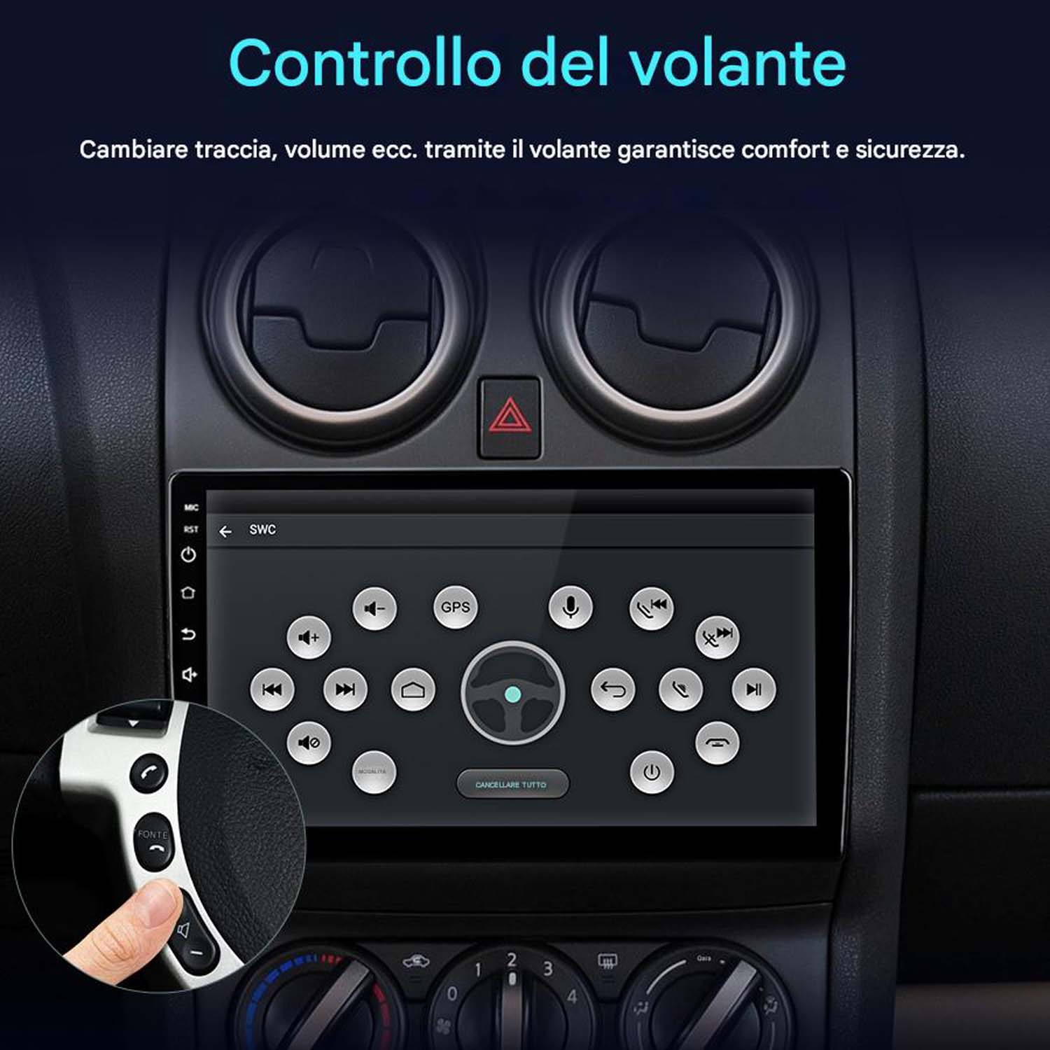 Cruscotto auto con display touchscreen che mostra le opzioni di controllo, con comandi al volante.