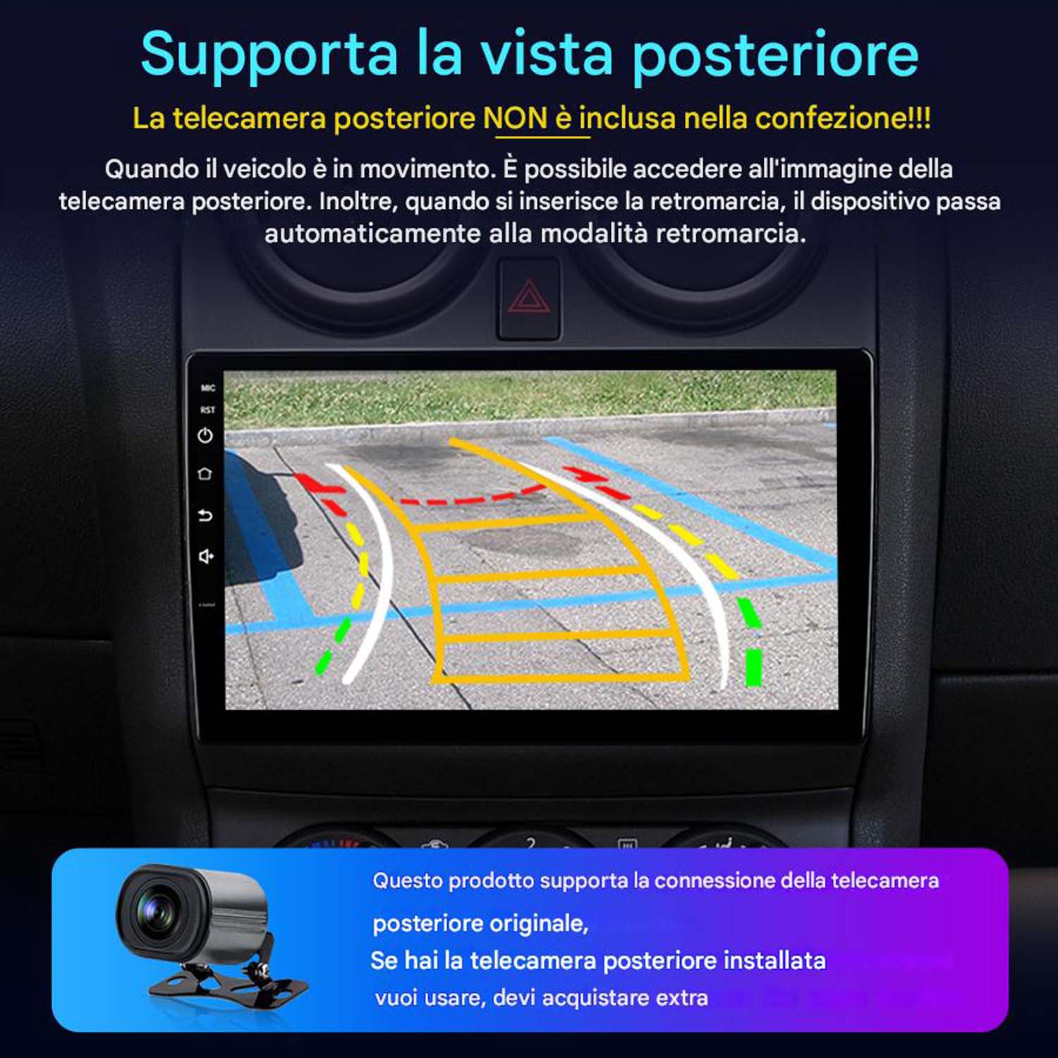Schermo autoradio che mostra telecamera posteriore con linee e cruscotto auto.