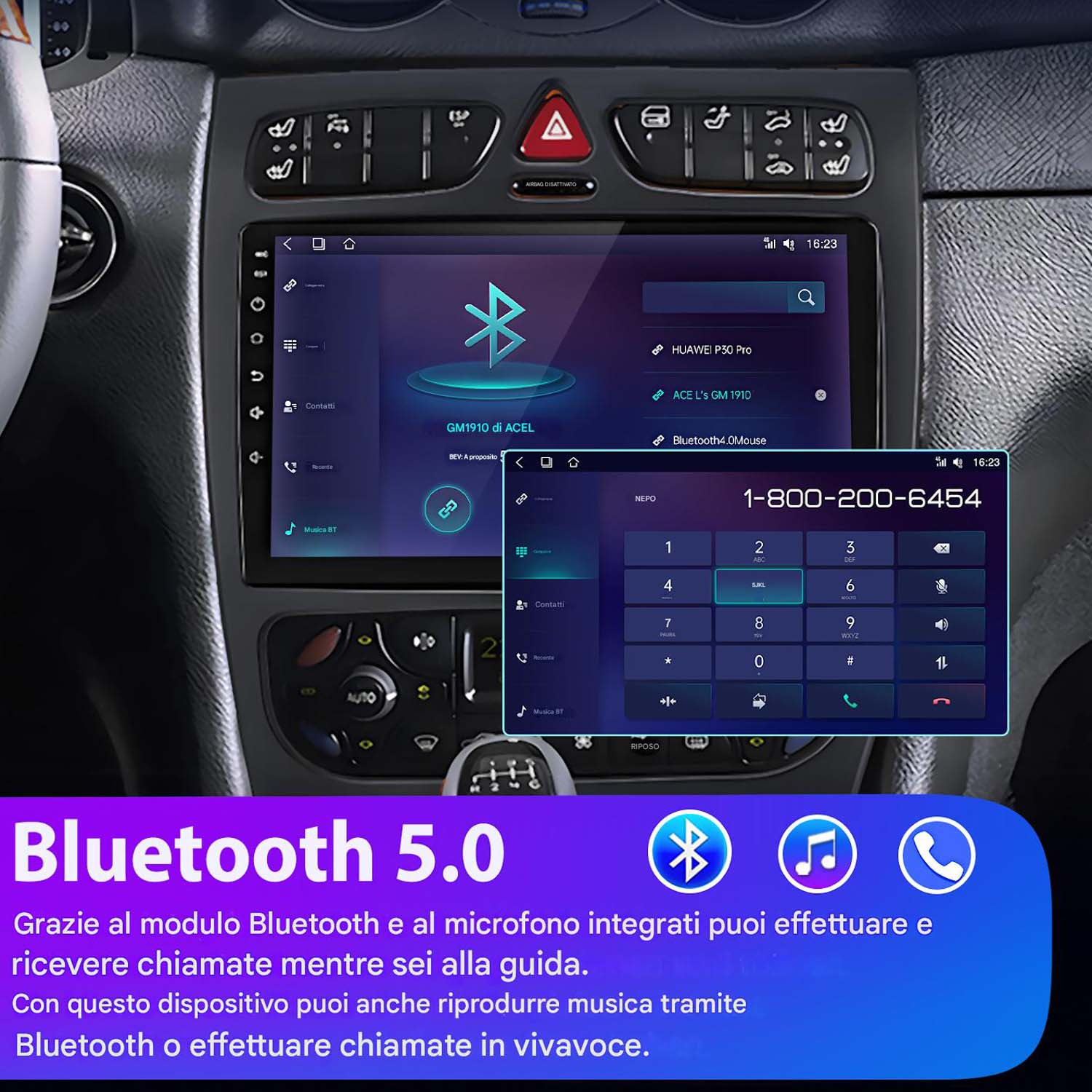 Autoradio con Bluetooth e schermo del dialer telefonico. Lo schermo mostra impostazioni e pulsanti.