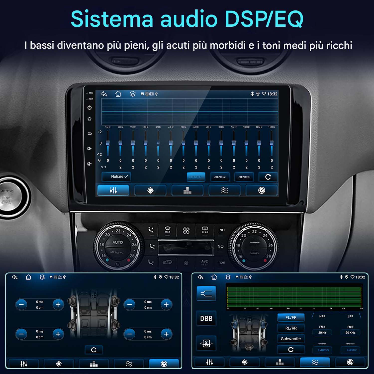 Schermo del sistema multimediale per auto che mostra impostazioni audio e opzioni equalizzatore.