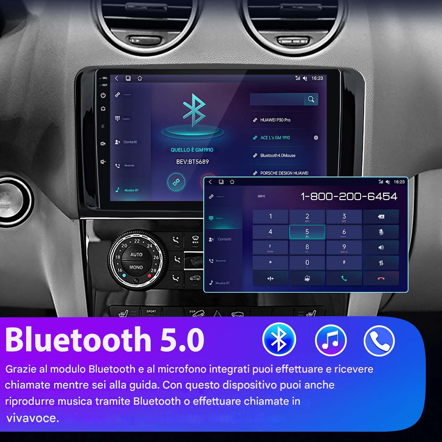 Schermo del sistema multimediale auto, mostra impostazioni Bluetooth e interfaccia telefono. Con pulsanti chiamata.