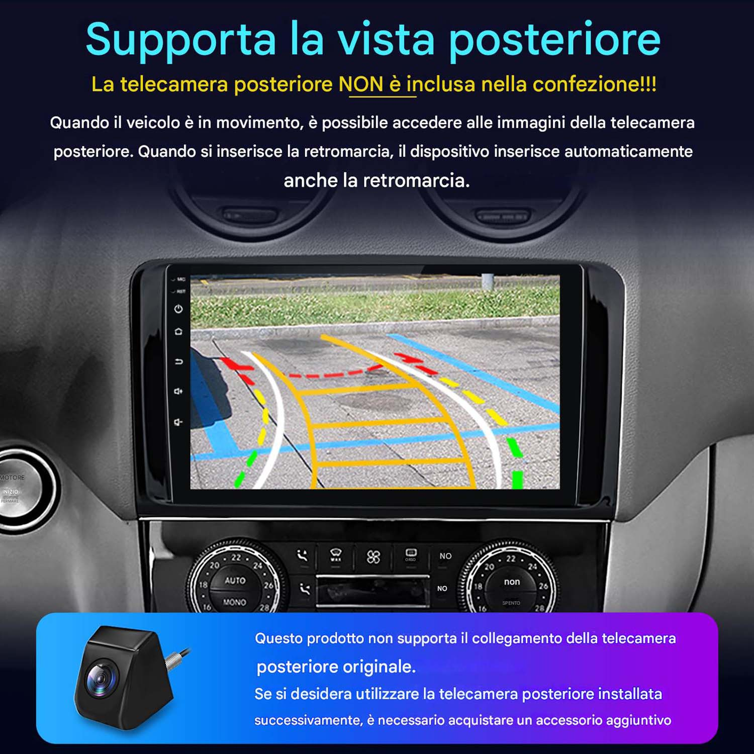 Cruscotto auto con schermo che mostra la vista della telecamera posteriore e telecamera separata.
