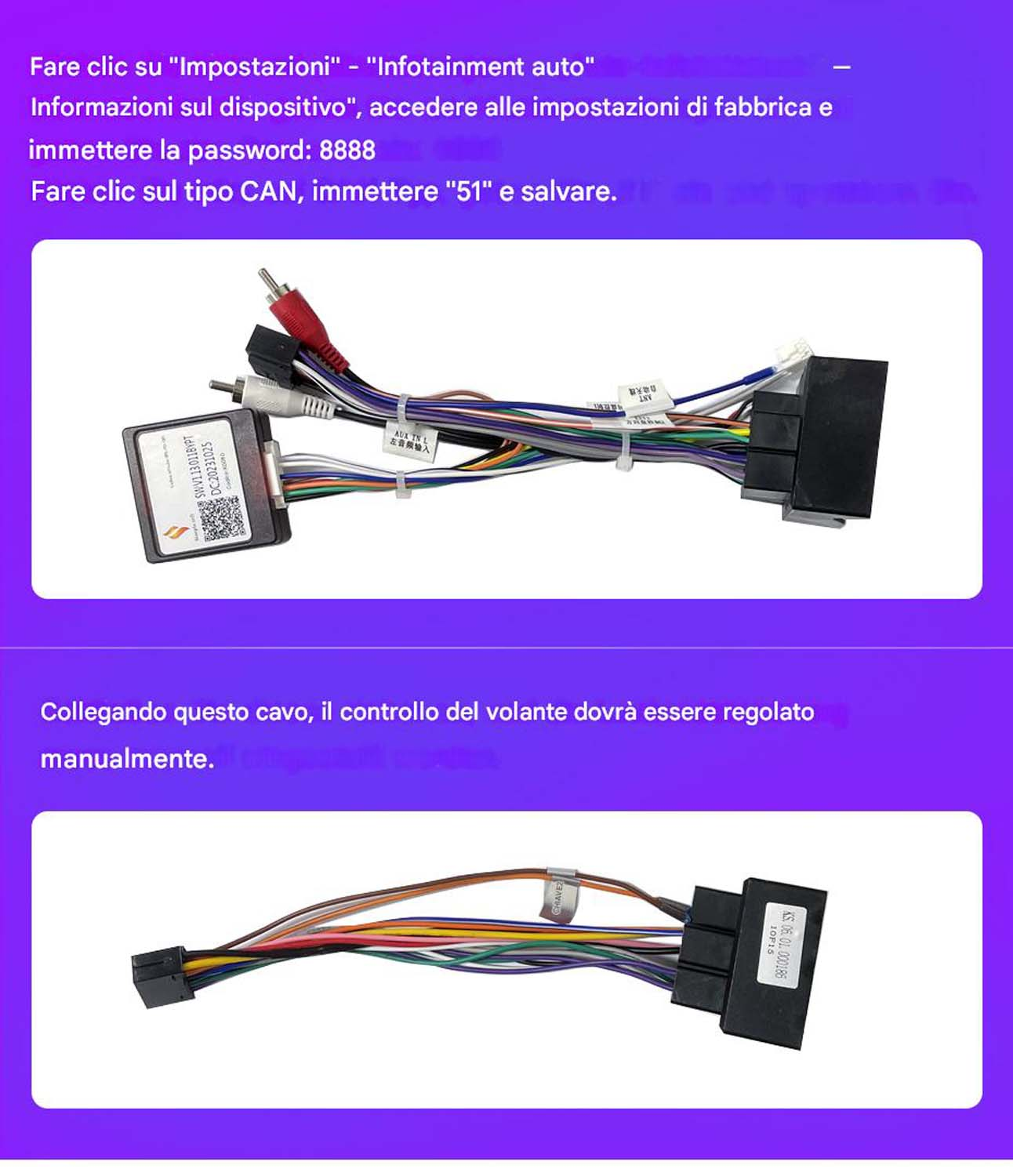Istruzioni per configurare un sistema multimediale per auto, incluse impostazioni password e dettagli cablaggio.