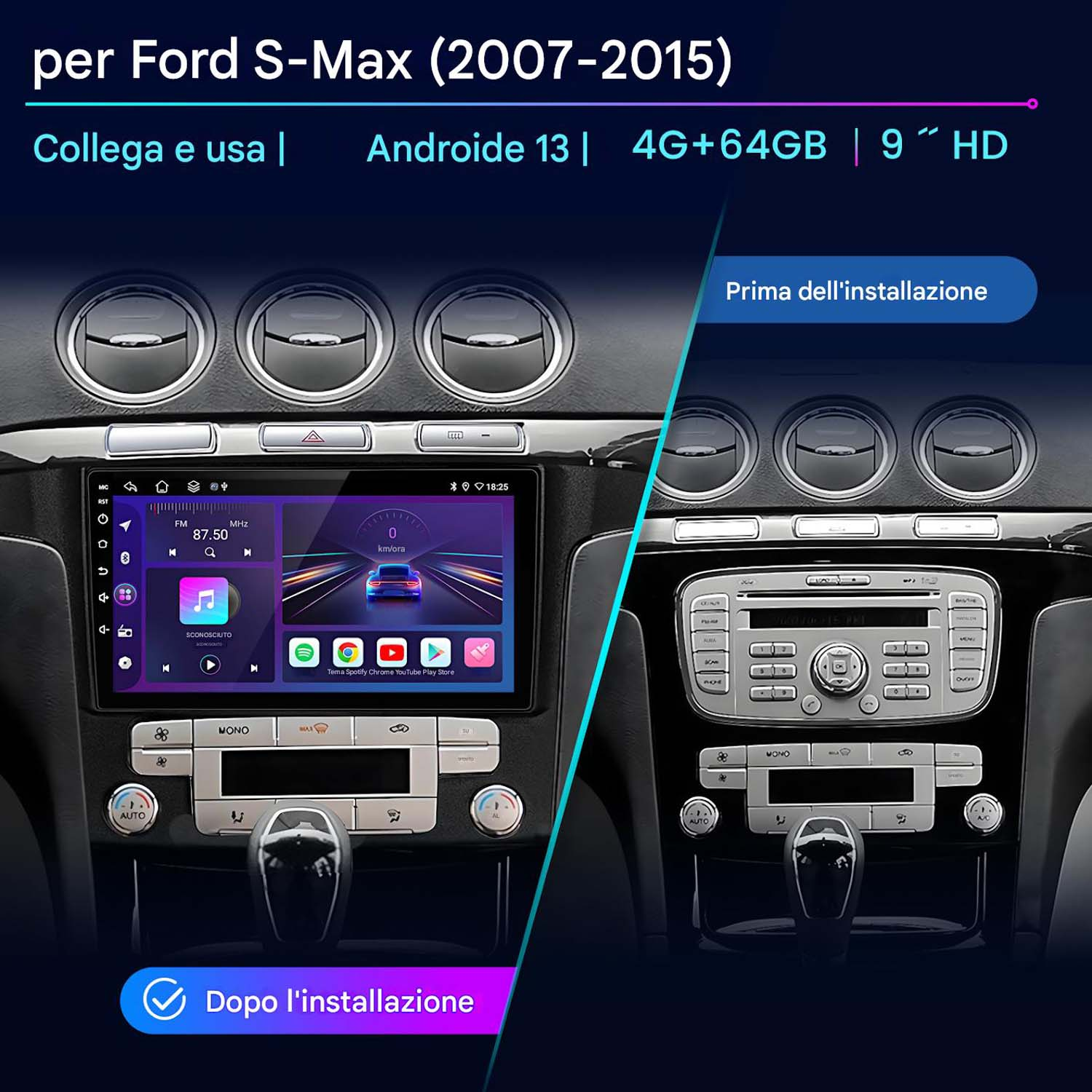 Autoradio prima e dopo l'installazione. Schermo 9" HD, Android 13, per Ford S-Max.