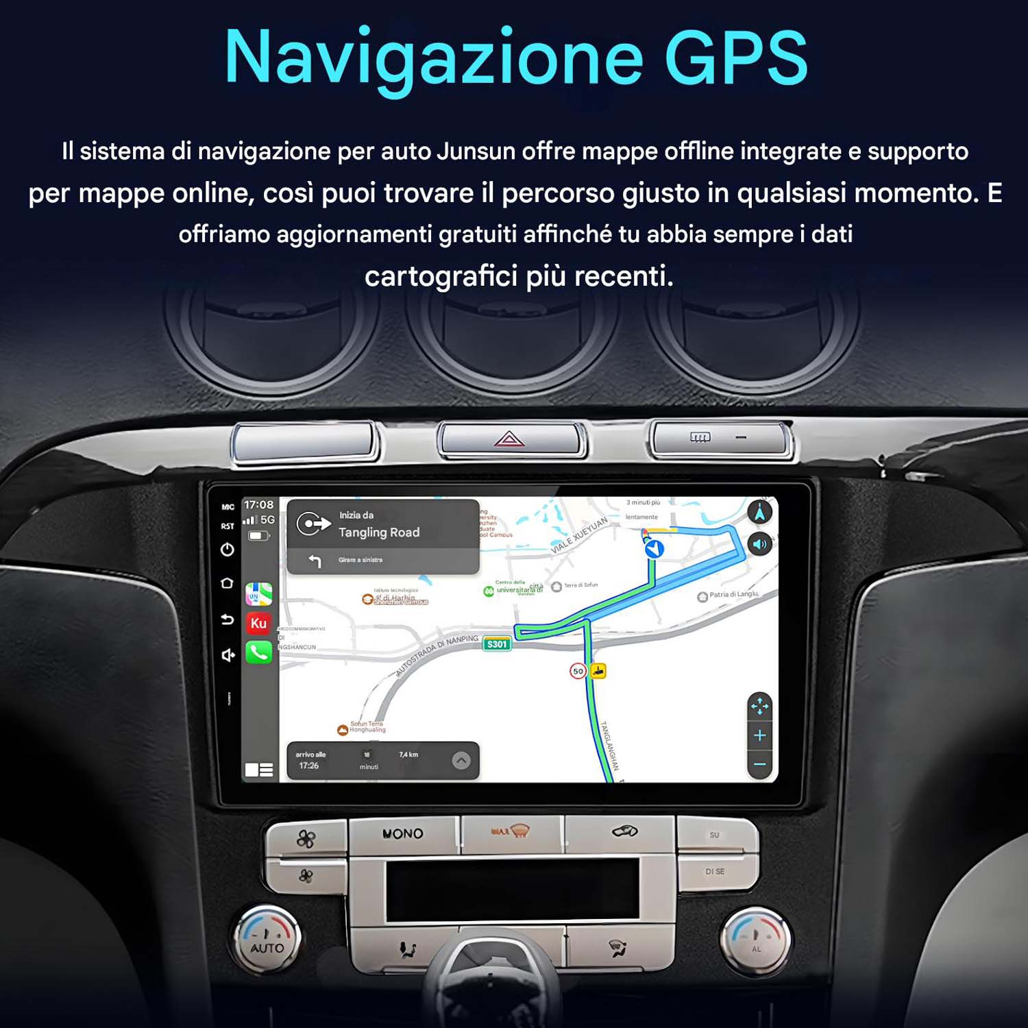 Schermo multimediale per auto con navigazione GPS. Visualizza una mappa, un percorso e i controlli di navigazione.