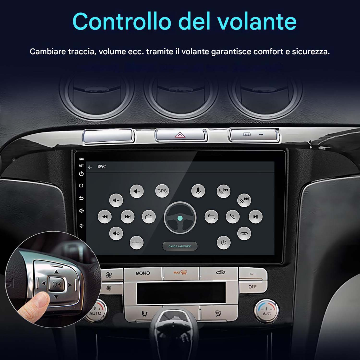 Cruscotto auto con display touchscreen che mostra le opzioni di controllo, con comandi al volante.