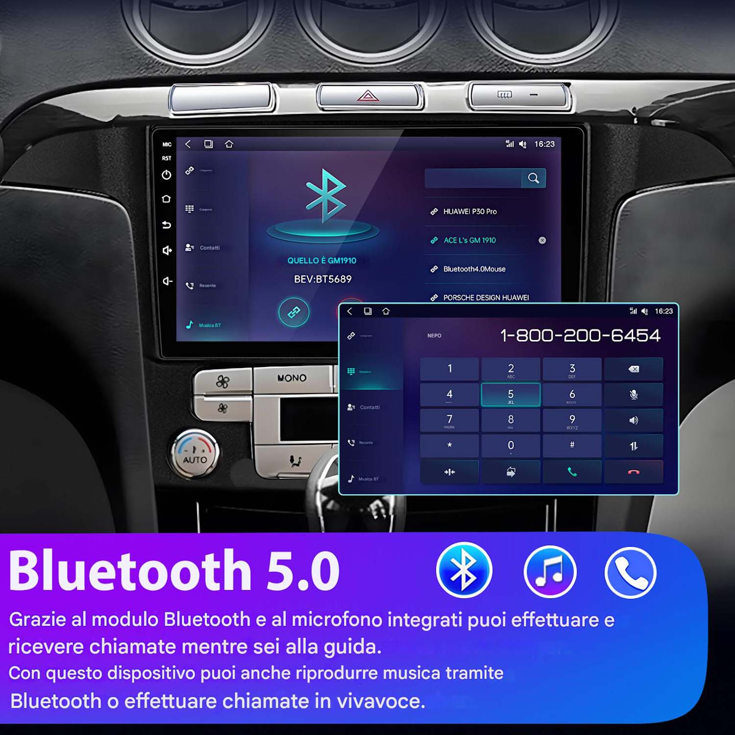 Cruscotto auto con schermo Bluetooth 5.0 che mostra un dialer telefonico e le impostazioni Bluetooth.