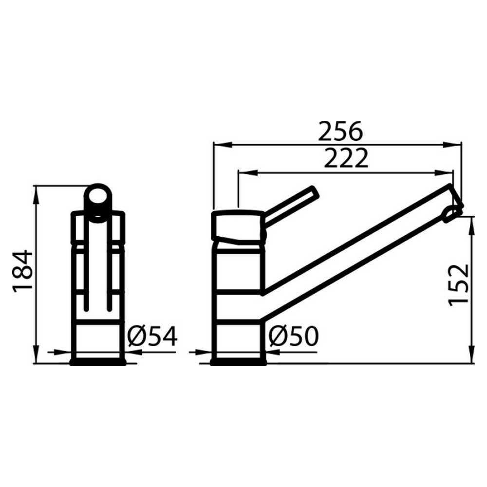 Un disegno tecnico in bianco e nero di un rubinetto da cucina, con dimensioni.