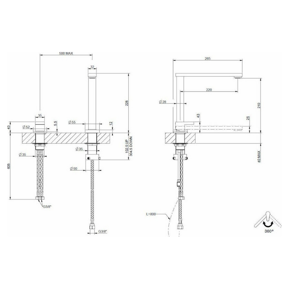 Disegno tecnico di un rubinetto, con dimensioni e dettagli per l'installazione e il design.