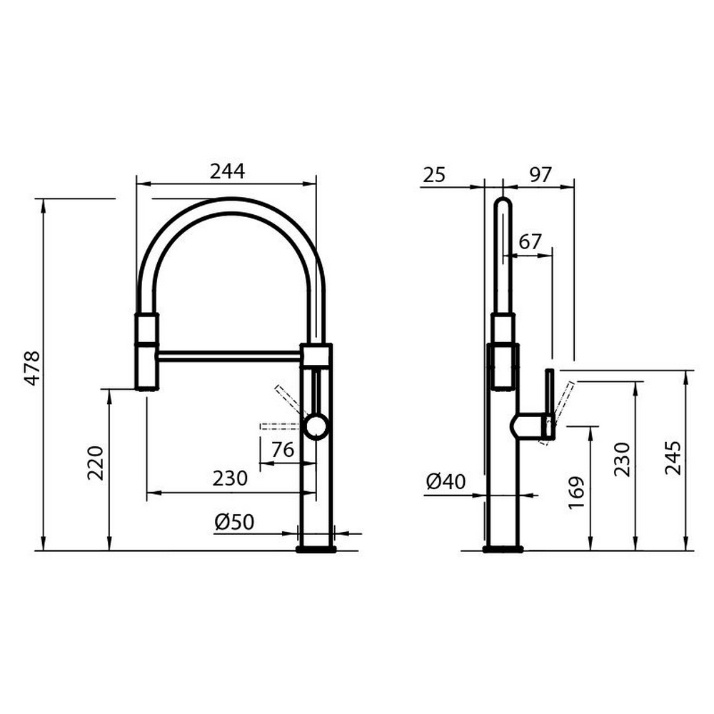 Disegno tecnico di un rubinetto da cucina, con dimensioni e dettagli.