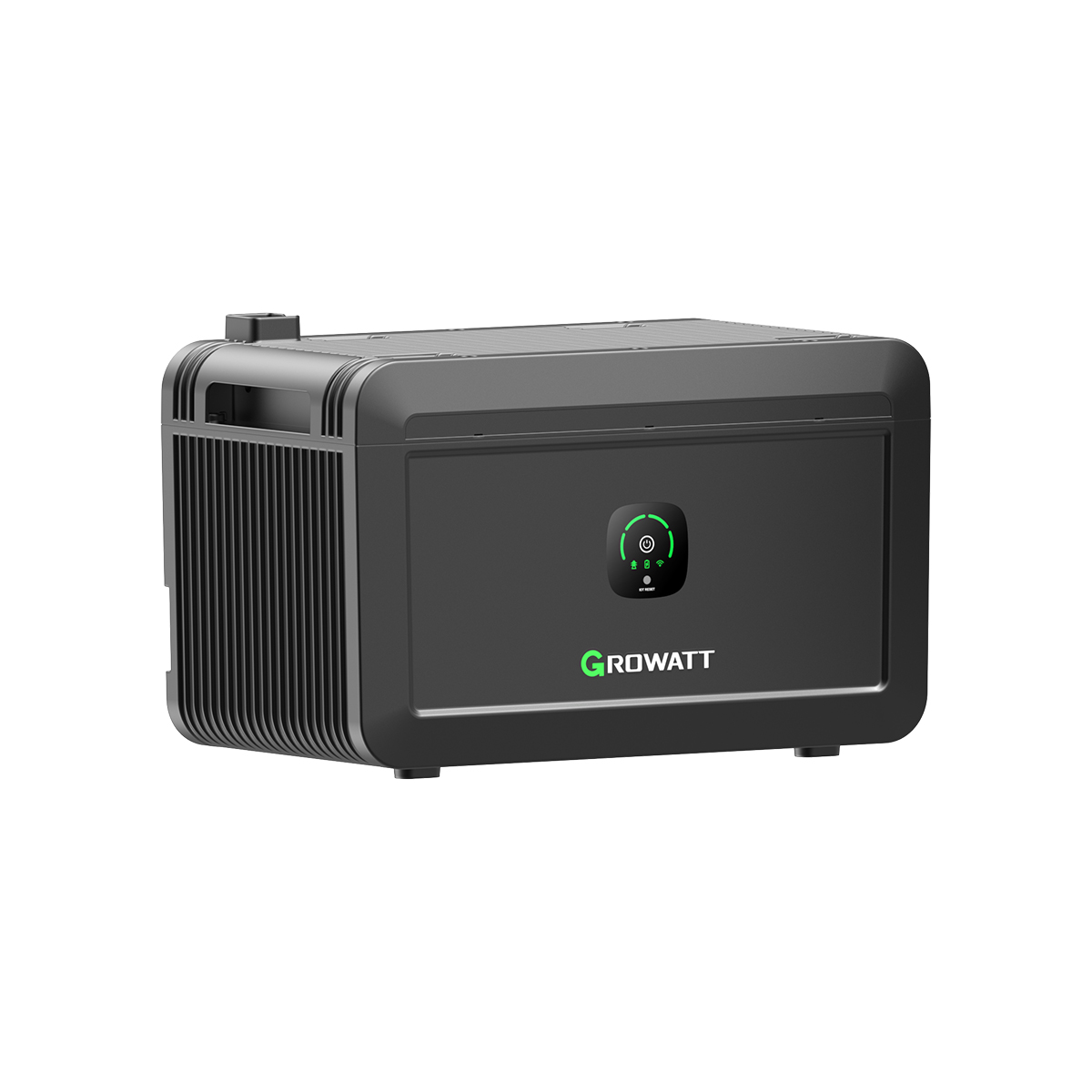 Ein schwarzer Growatt-Wechselrichter mit grünem Netzschalter auf der Vorderseite.