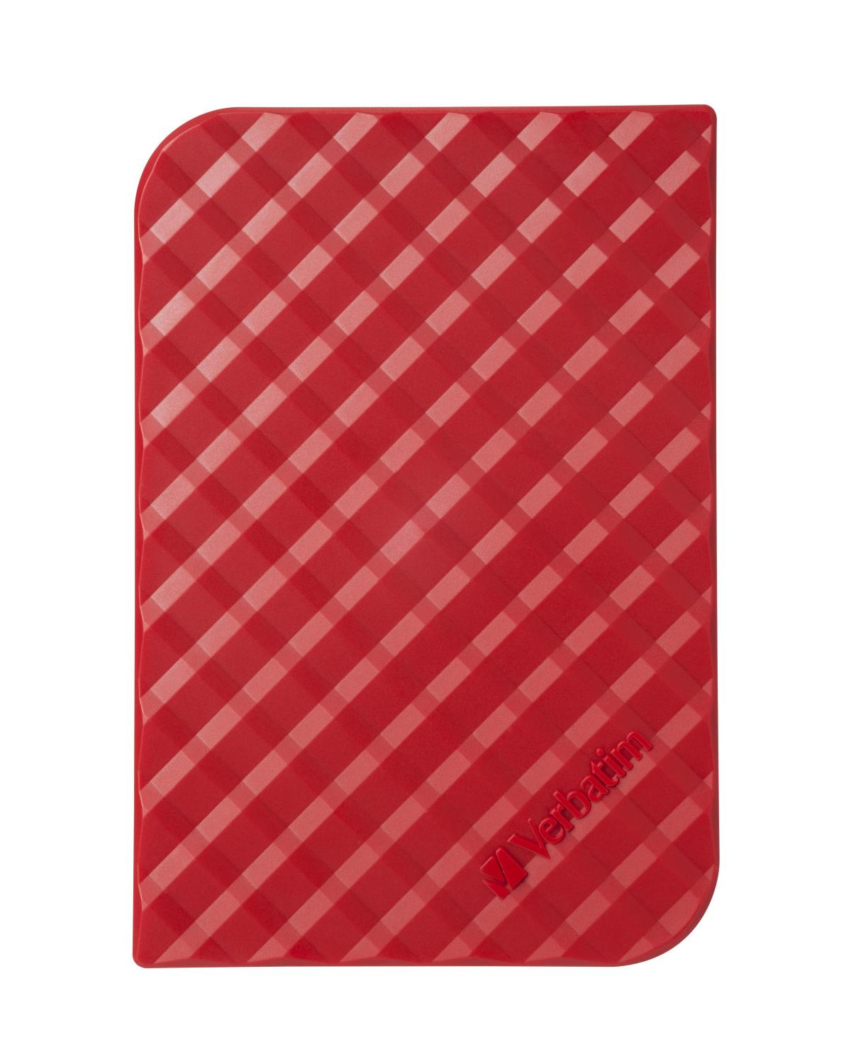 Disque dur externe Verbatim rouge avec un motif à carreaux diagonal. Le logo Verbatim se trouve dans le coin inférieur droit.