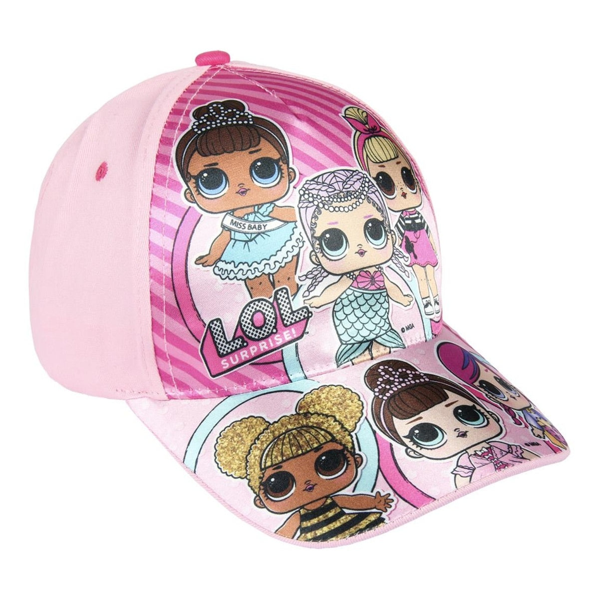 Gorra de béisbol rosa LOL Surprise! con gráficos de muñecas.