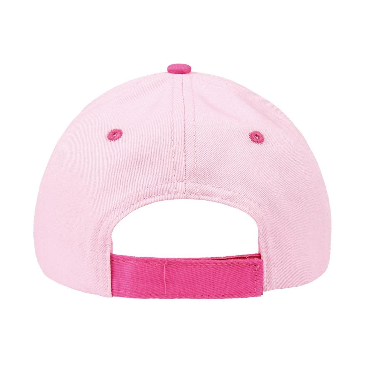 Una gorra de béisbol rosa vista desde atrás, mostrando la correa ajustable y el botón superior.
