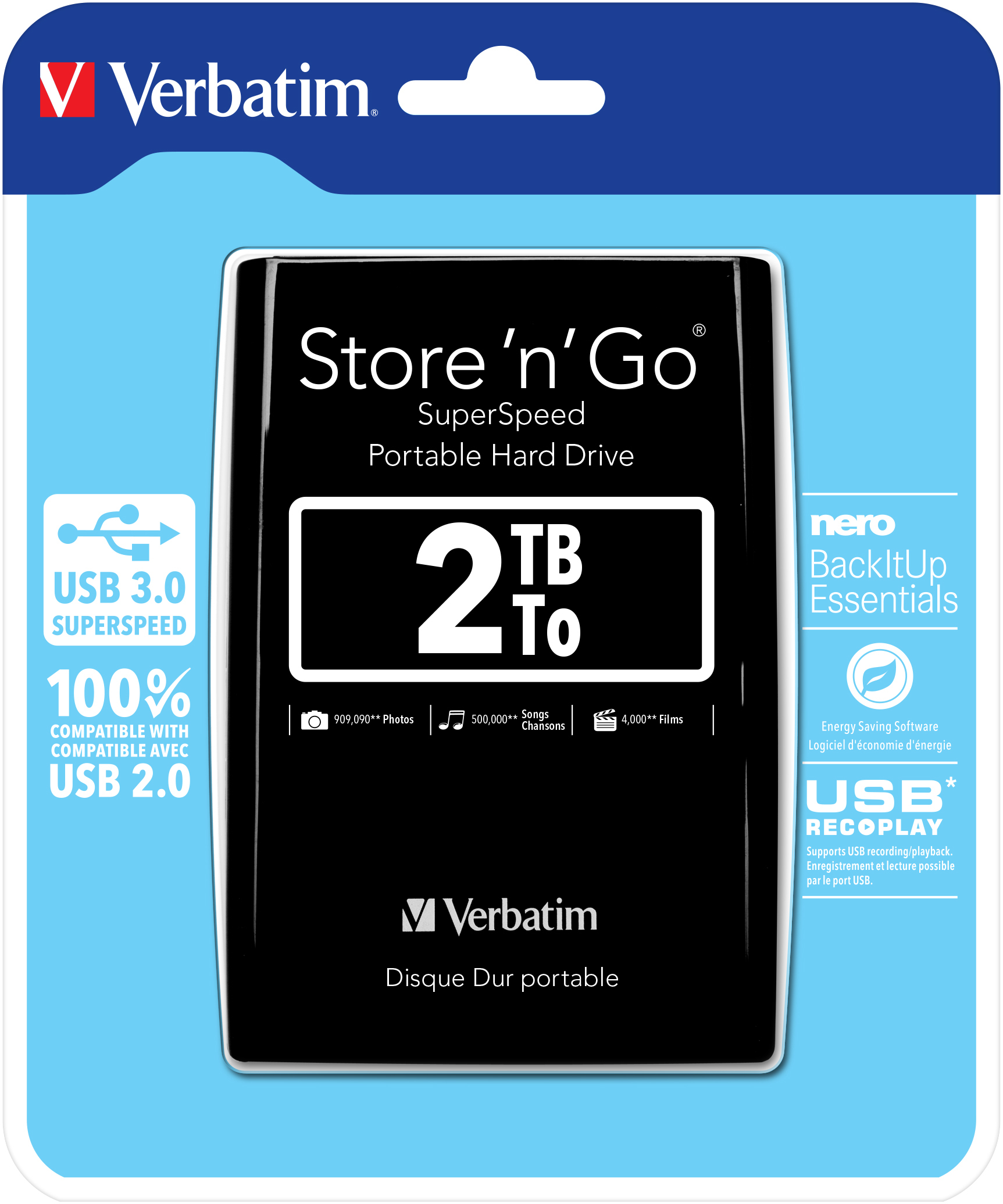 Verbatim Store 'n' Go Hard Disk Portatile nella confezione. Bianco e nero. Sfondo bianco.