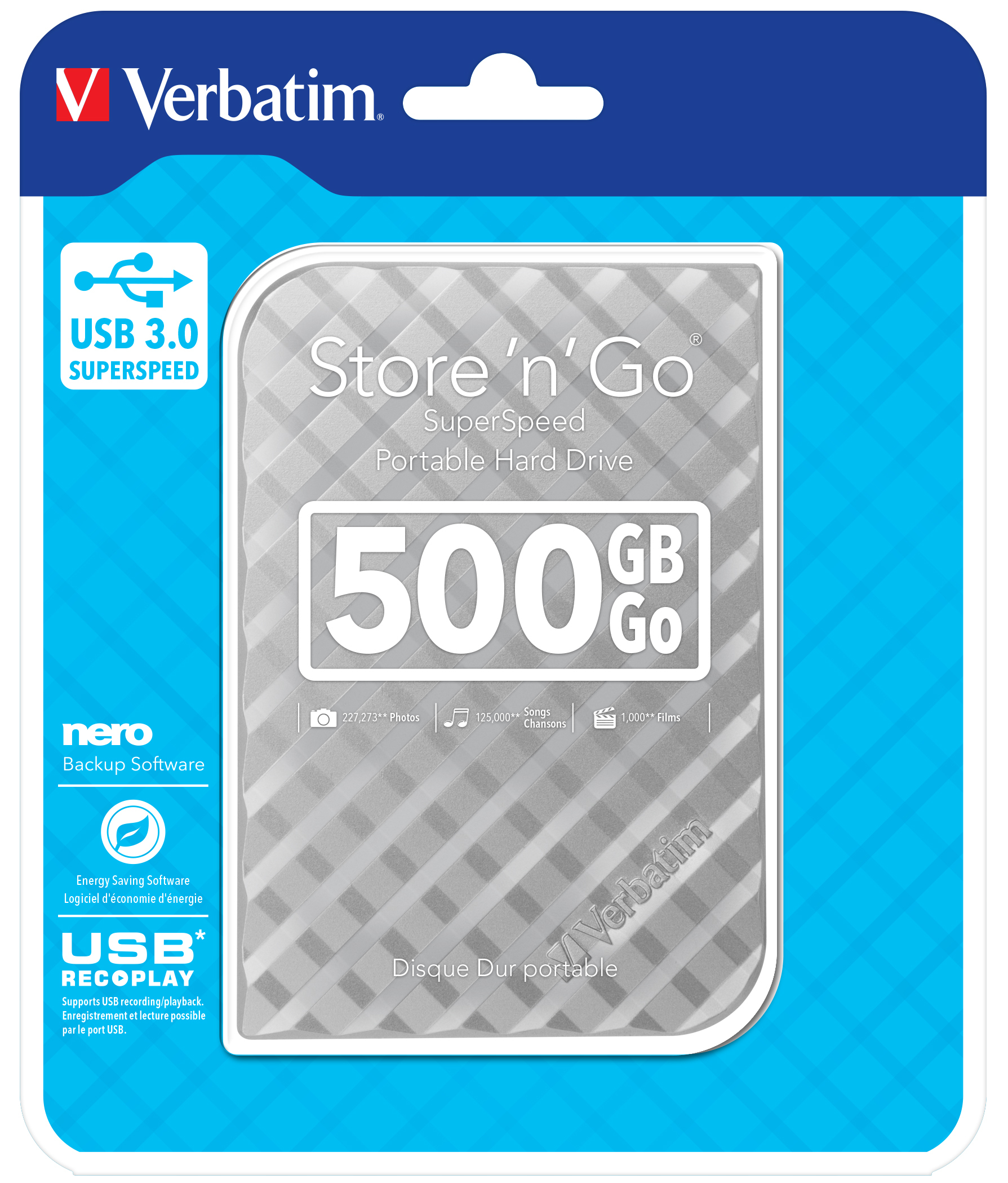 Confezione hard disk esterno Verbatim, con dettagli del prodotto. Sfondo bianco.