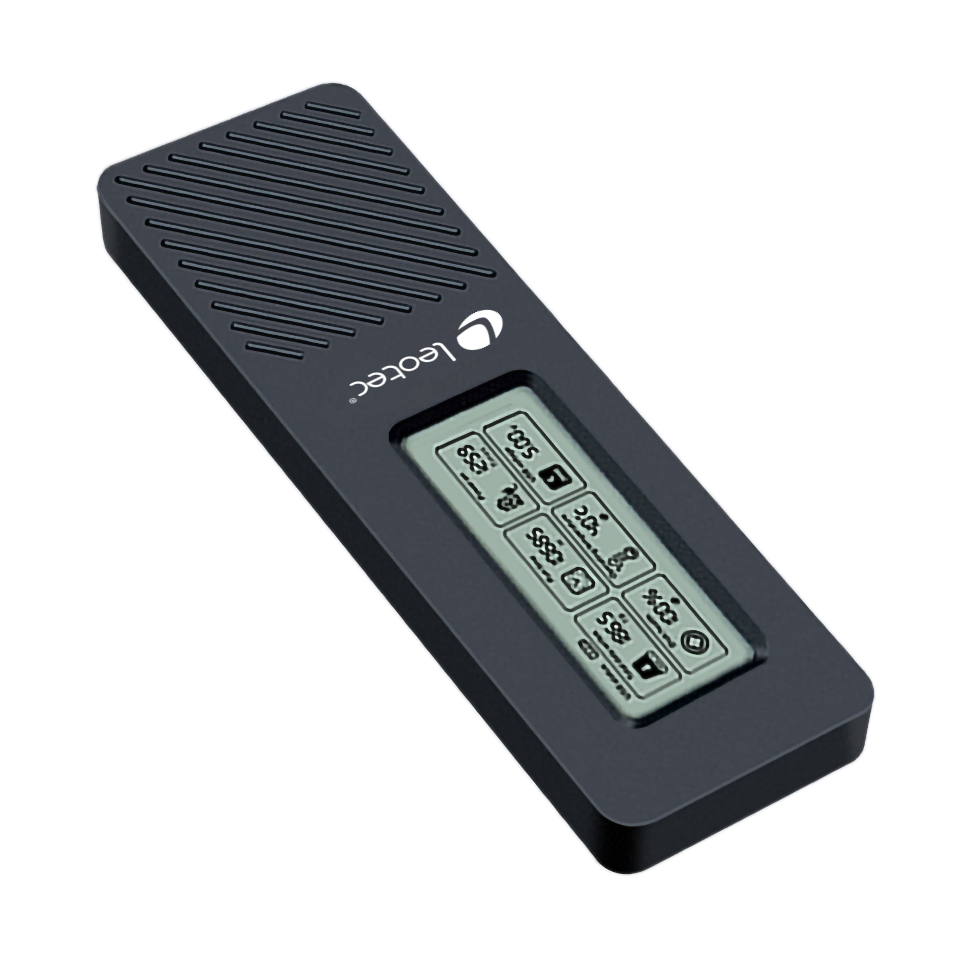 Dispositivo Leotec negro con pantalla y botones, vista en ángulo, fondo blanco.