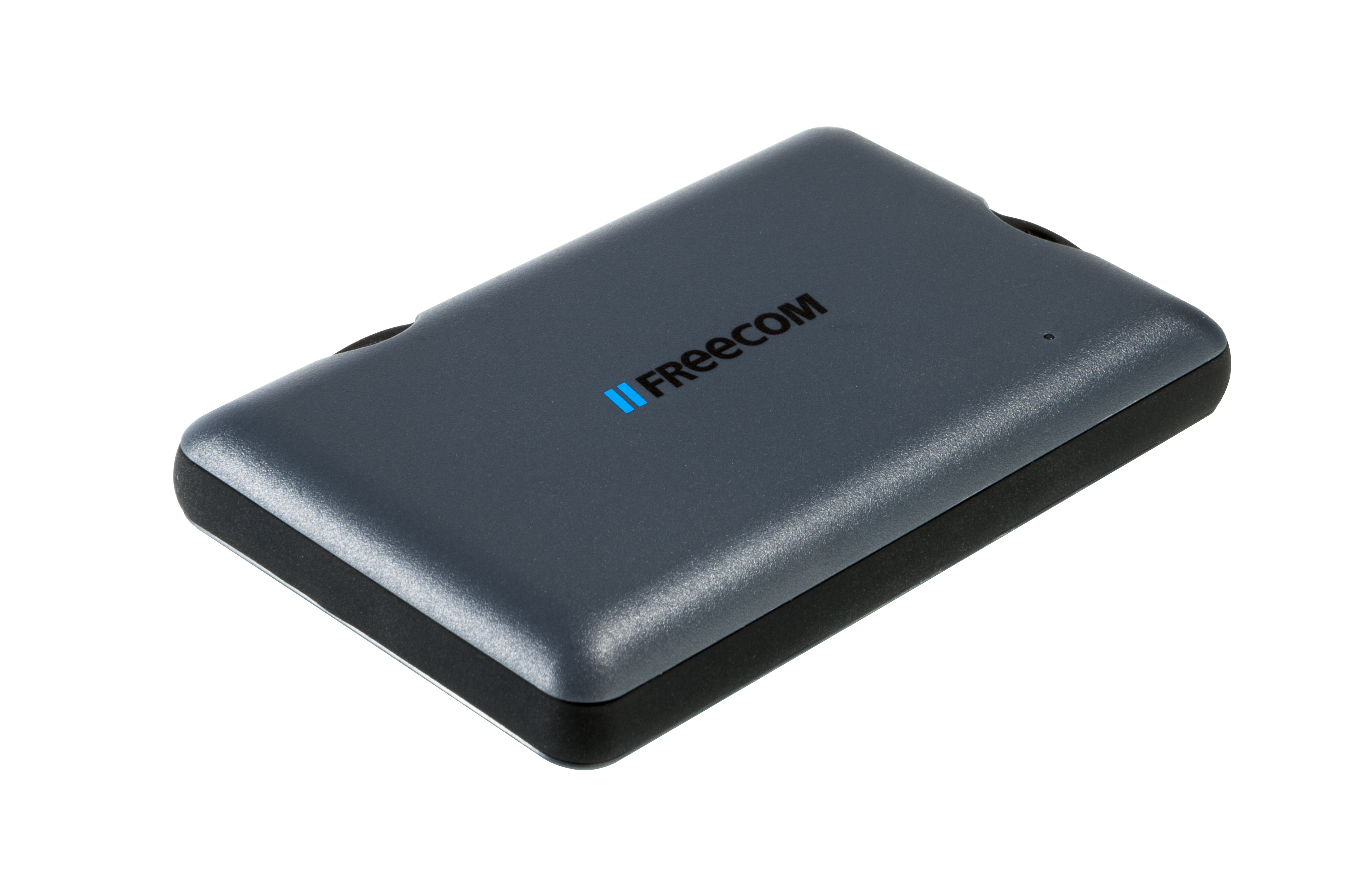 Un disco rigido esterno Freecom grigio scuro, di forma rettangolare, con il logo Freecom blu in alto.