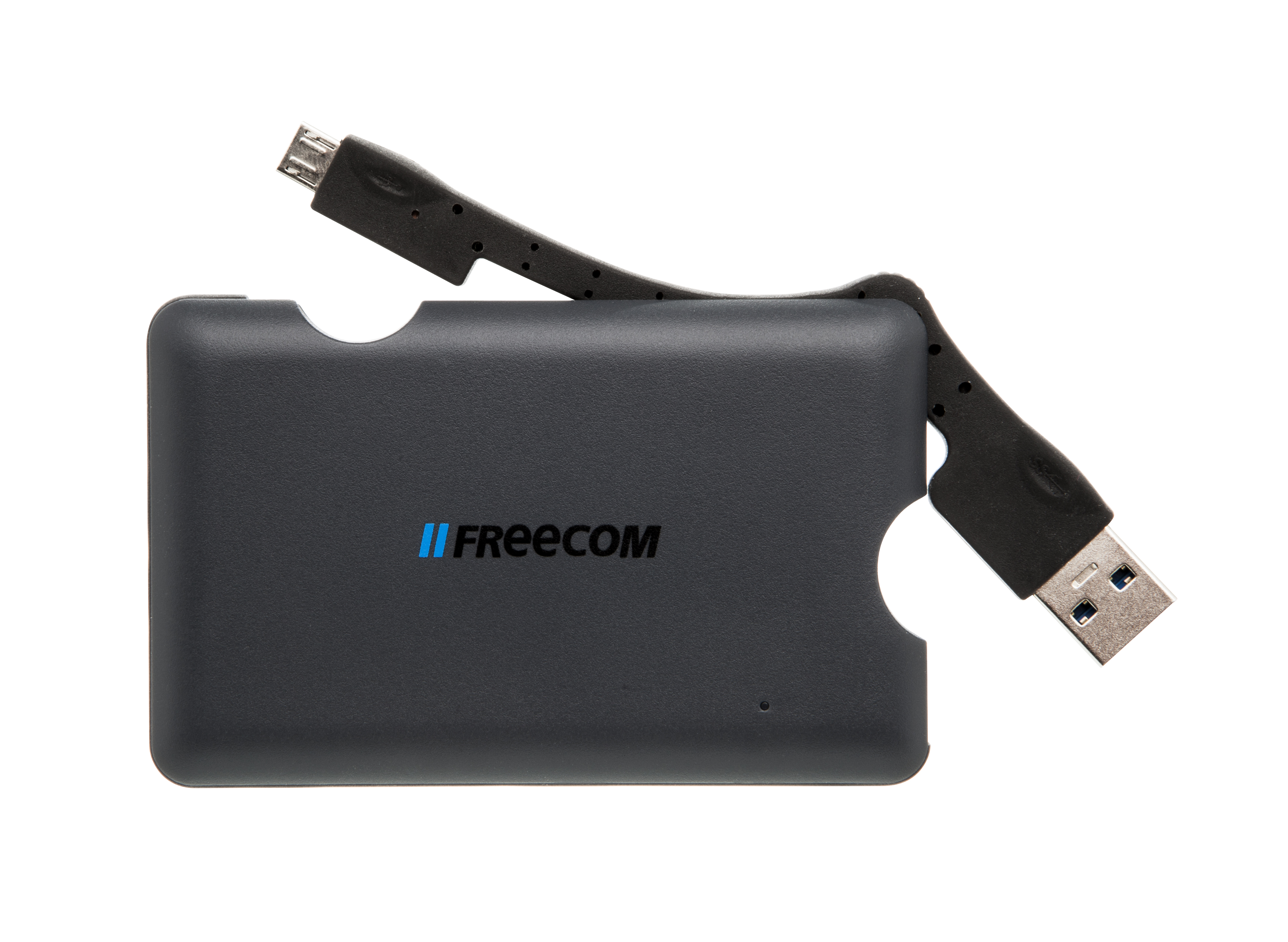 Disco rigido esterno nero con cavo USB collegato, su sfondo bianco.